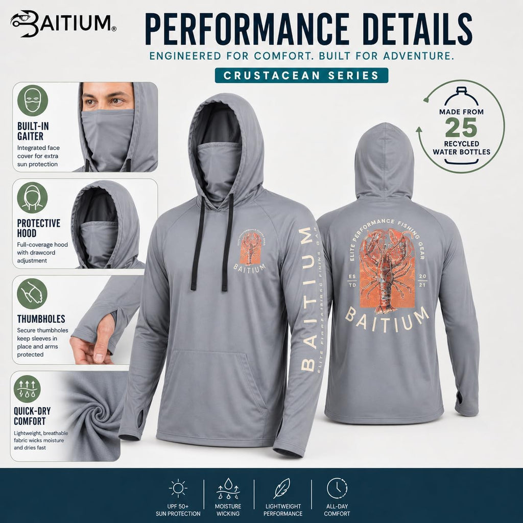 Fishing Shirts for Men,UPF50 Hooded Long Sleeve with Gaiter, Sun Protection Dry Fit Apparel, Face Mask, Fishing Clothes