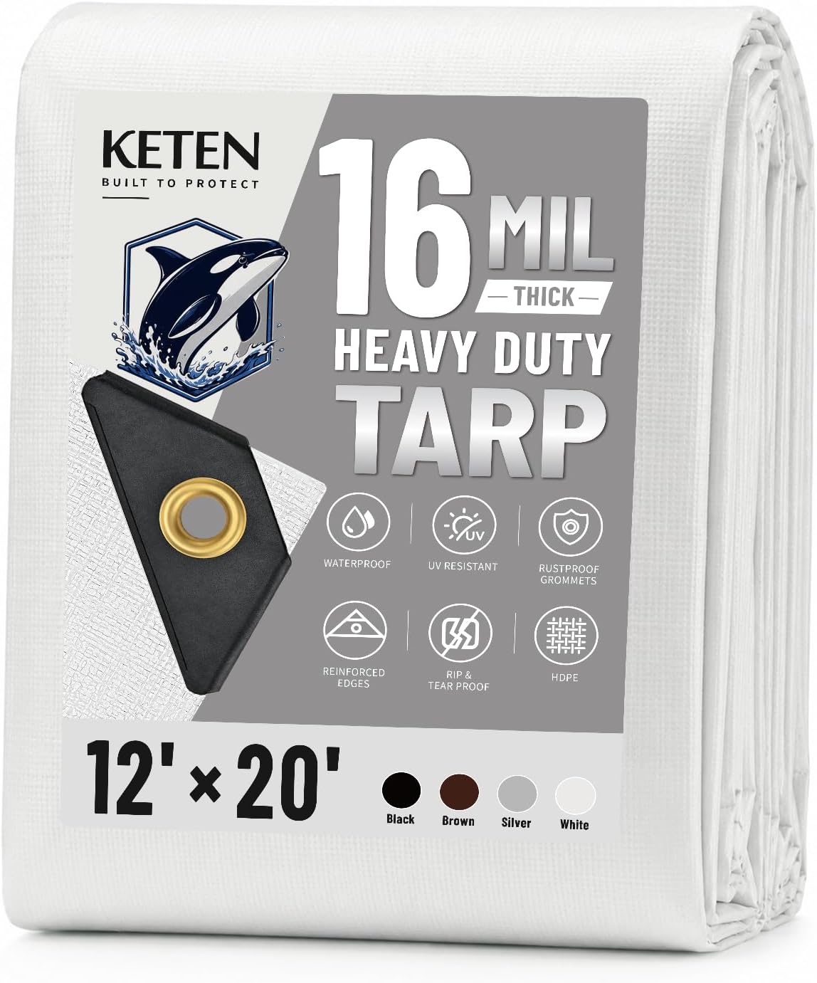 Keten Tarps Heavy Duty Waterproof 12x20 Feet, Extra Thick 16 Mil (White)