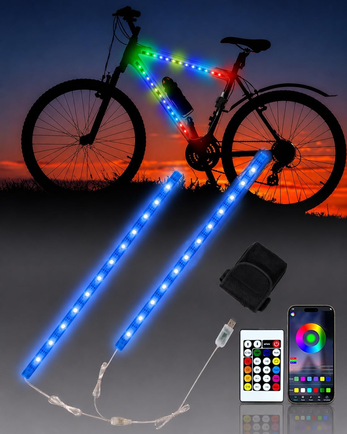 JUSJUBR LED Bike Lights for Night Riding, Multiple Colors and Lighting Modes, App & Remote Control, Colorful LED Strip Lights with Battery Box for Bicycles and Scooters