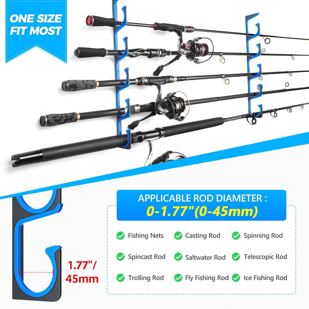 PLUSINNO H5 Horizontal Fishing Rod/Pole Holders for Garage, Wall Ceiling Mounted Fishing Rod Holder, Aviation Aluminum Fishing rod rack Holds up to 5/10/20 Rod or Combos Fishing Gear and Gifts for Men