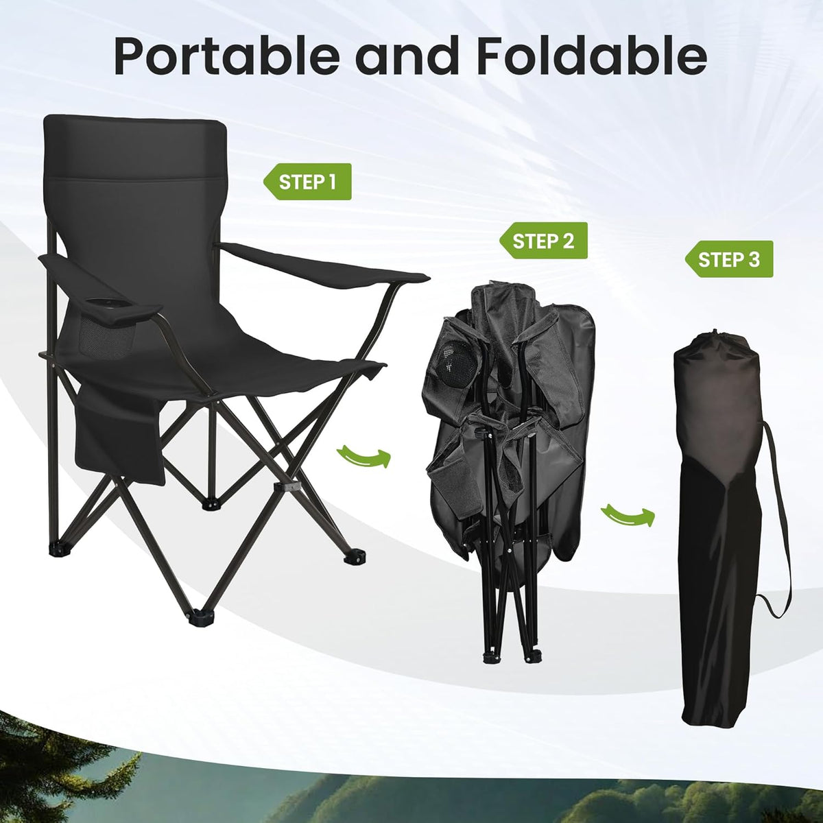Camping Chairs for Adults 2 Pack, 300LBS Heavy Duty Reinforced Steel Portable Folding Chairs, Ergonomic High Back Outdoor Chair with Cup Holder & Side Pocket, Lightweight Set for Beach Picnic, Black