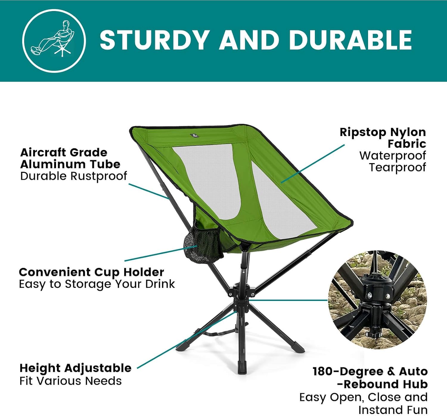 TCEK Portable Camping Chair - SwivelCore 180 Swivel & Auto-Return, Small Compact Lightweight Folding Chairs for Adults, Outdoor Backpack Chair for Adventures, Setup in Seconds, Support 300 LBS