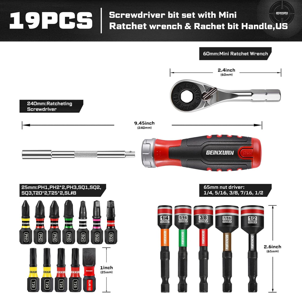 GEINXURN 19 Pieces Ratcheting Screwdriver Set and Socket Wrench Set, Mini Rachet Wrench, Rachet Screwdriver Handle and Nut Driver with 12 Pcs Impact Screwdriver Bit, Hand Tools Set for Repair DIY