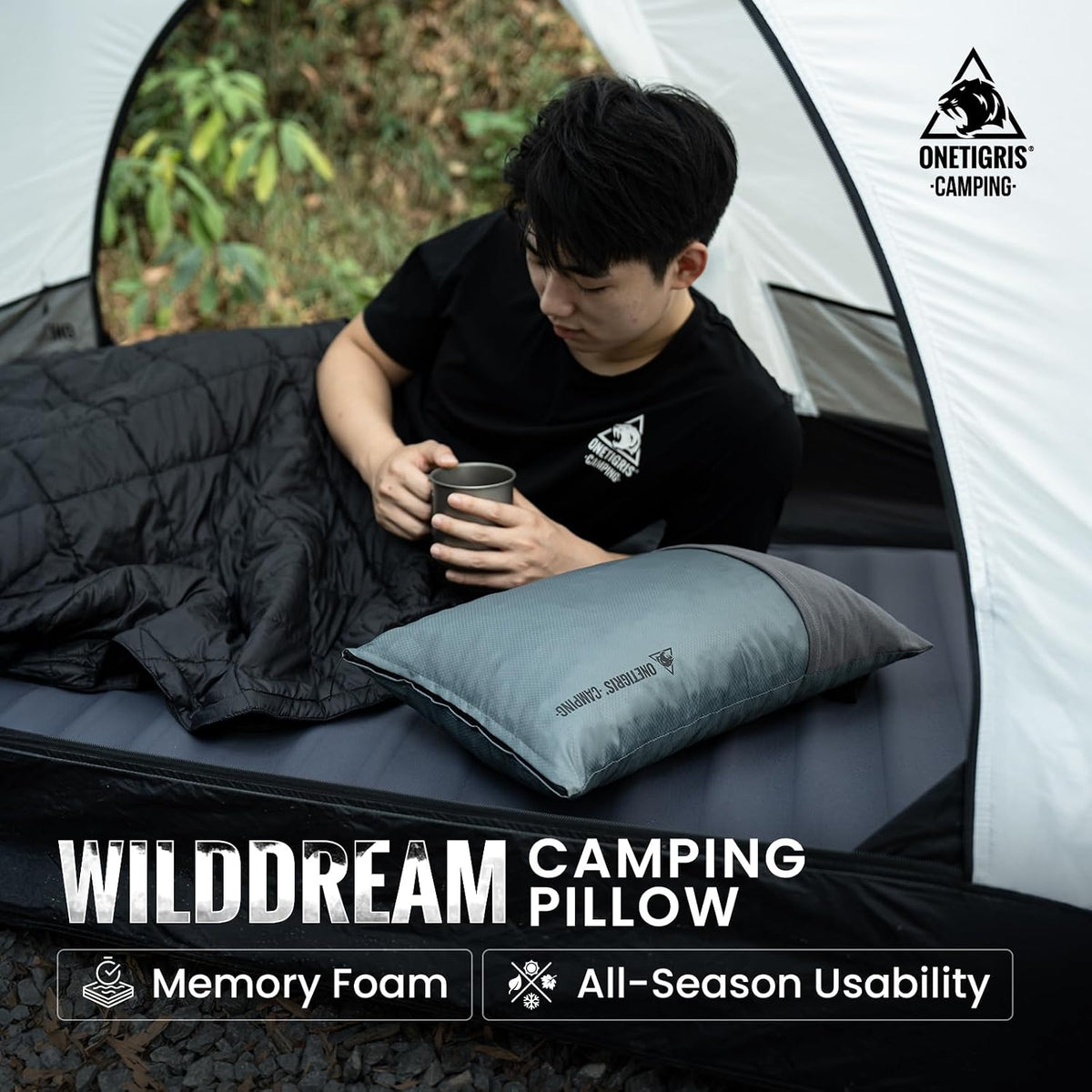 ONETIGRIS Wilddream Camping Pillow, Shredded Small Memory Foam Pillow, Compact, Easy Clean, Comfortable for Backpacking, Travel, and Car Trips, 4 Season Use