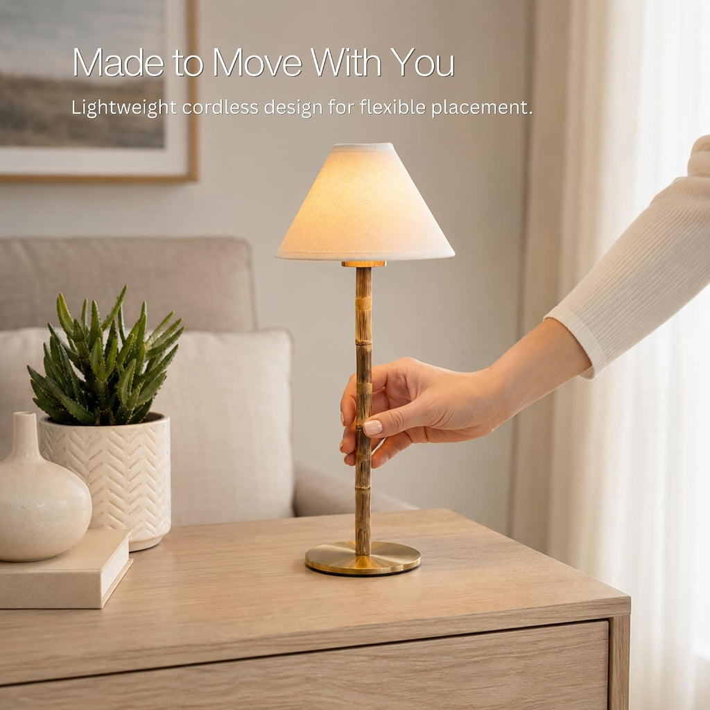 Bamboo Cordless LED Table Lamp – Rechargeable 24-Hour Battery, Dimmable Warm Light, Portable Wireless Lamp with Remote for Indoor/Outdoor Use, Home, Patio, Restaurant – (WHITE LINEN), 14.95" Tall