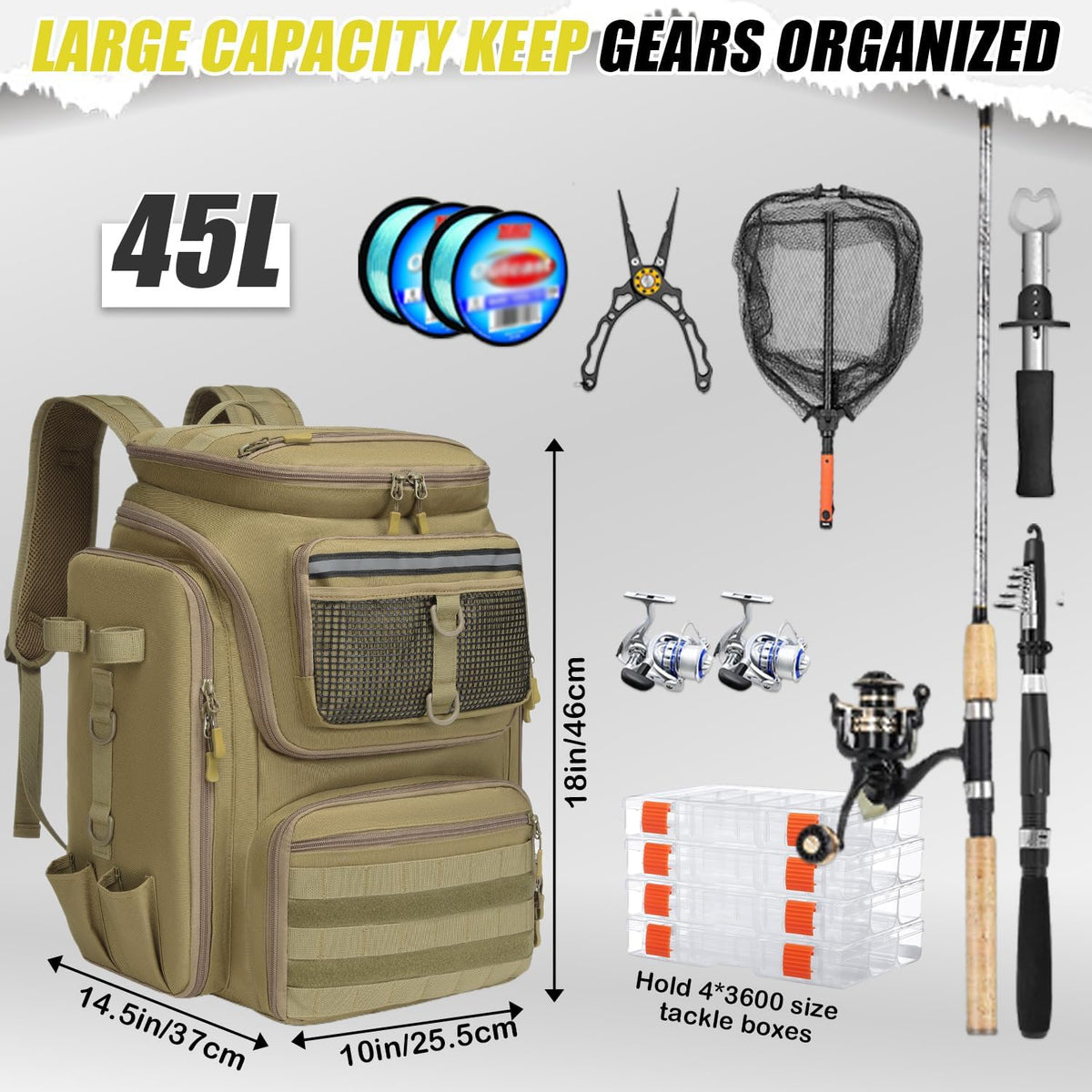 HAMBOLY 45L Fishing Backpack with Rod Holders & Built-in Foldable Divider