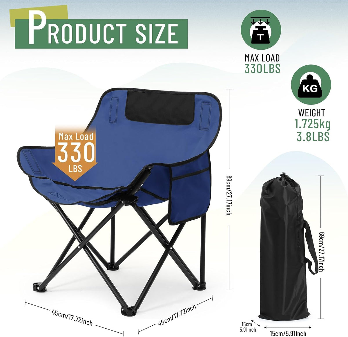 2 Pack Folding Camping Chairs Portable, Blue, Solid Color
