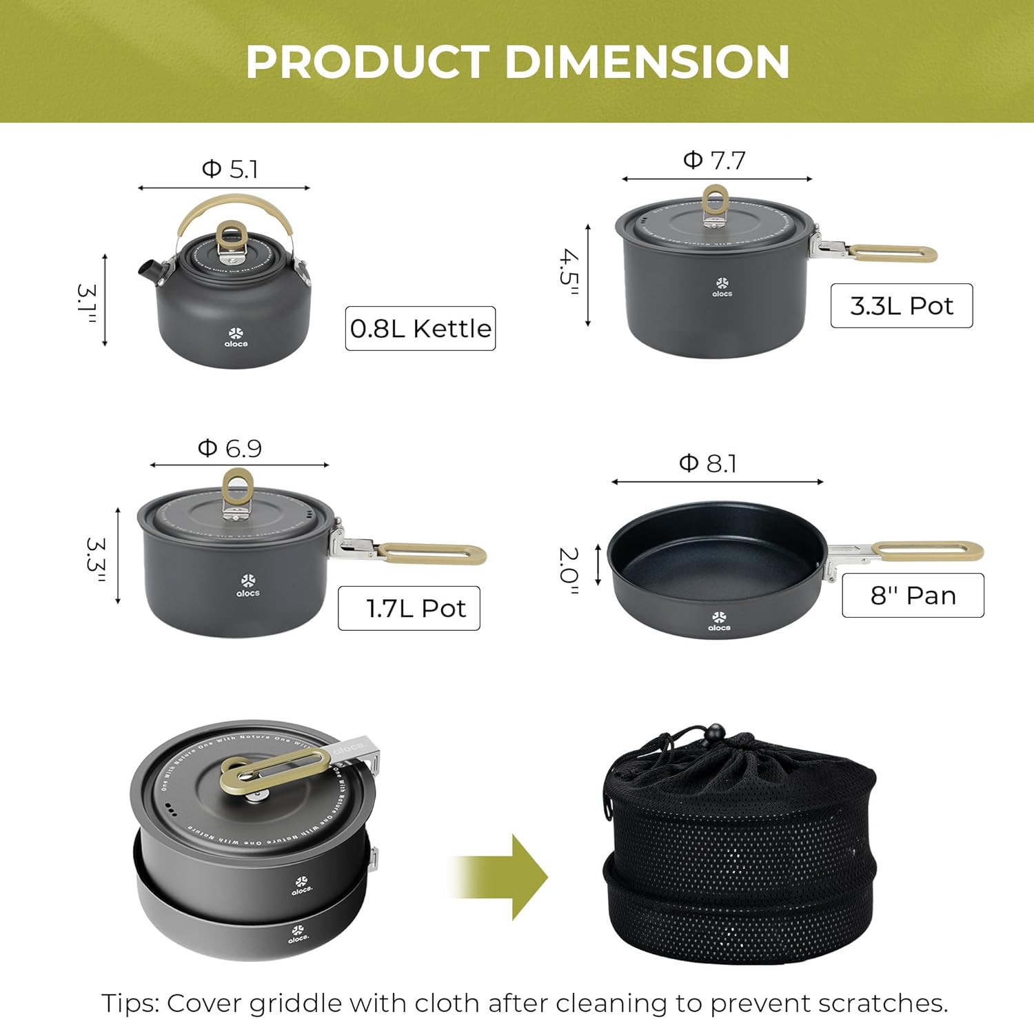 ALOCS Camping Cookware Portable Non-Stick Mess Kit with Foldable Handle