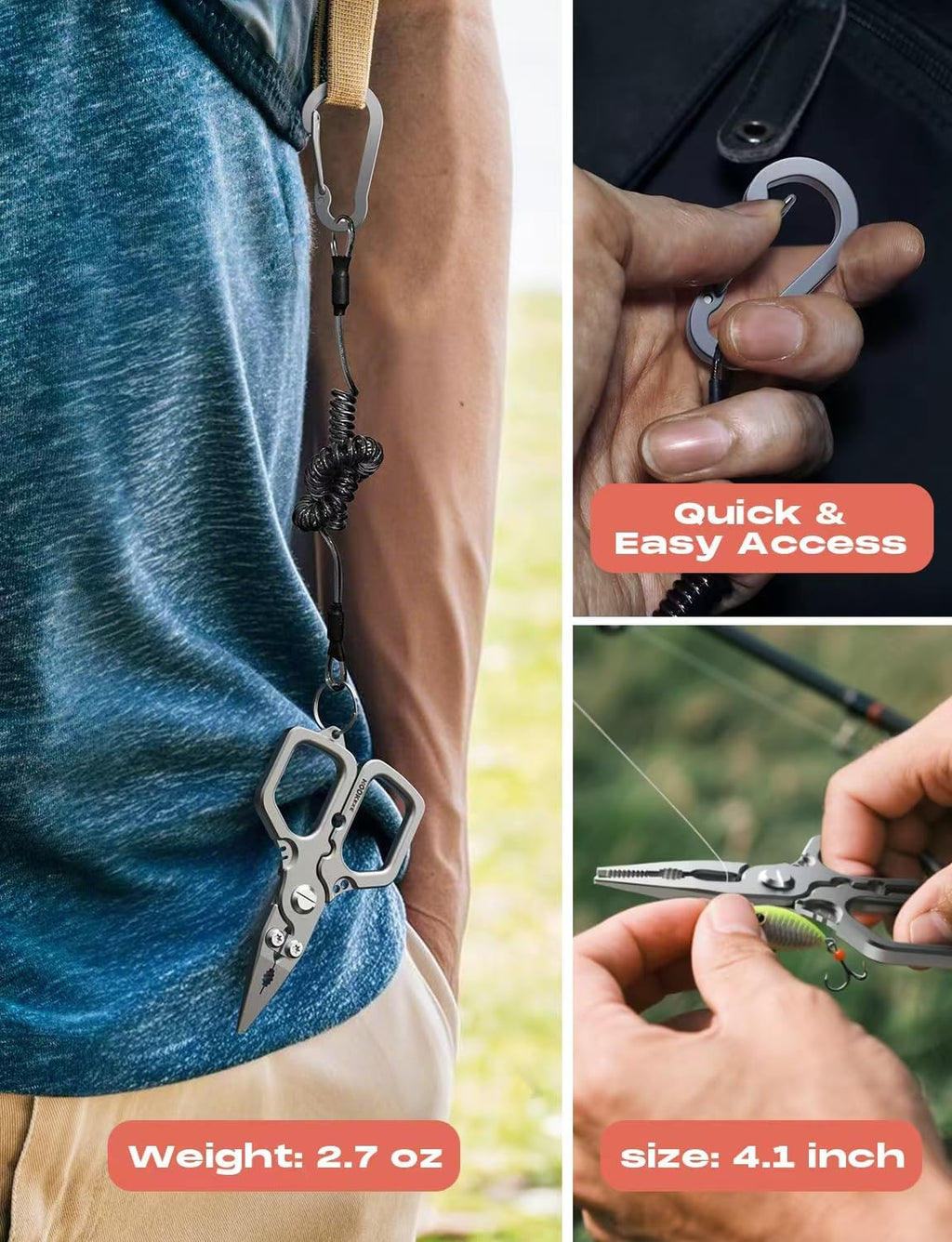 HOOK-EZE 420 Fishing Pliers, 4.1“ Multi-function Fishing Tool with Tungsten Cutters, Knot Tying Tool with Lanyard, Split Ring Hook Remover, Freshwater Fishing Tool Gift for Men