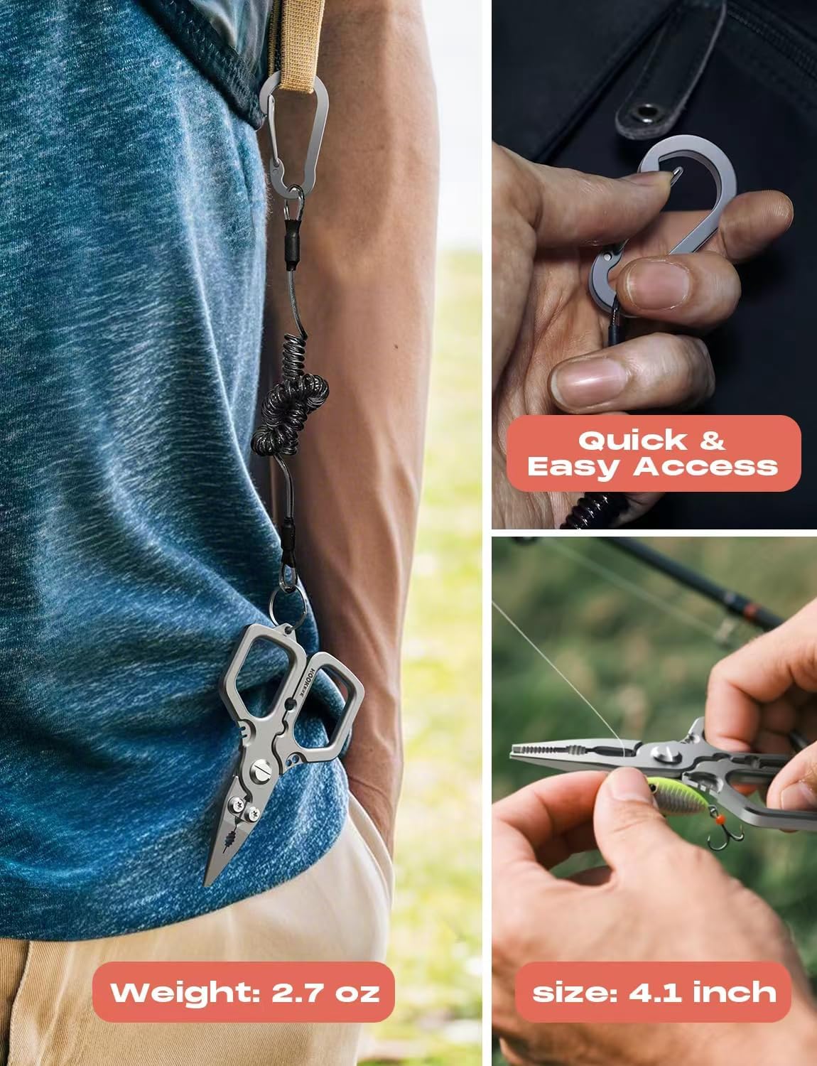 HOOK-EZE 420 Fishing Pliers, 4.1“ Multi-function Fishing Tool with Tungsten Cutters, Knot Tying Tool with Lanyard, Split Ring Hook Remover, Freshwater Fishing Tool Gift for Men