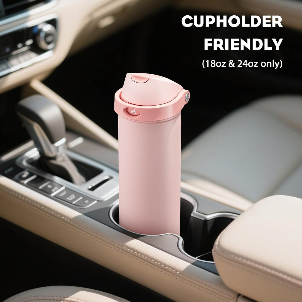 POWCAN 40 oz Insulated Water Bottle: 2-in-1 Push-Button Spout & Quick-Flip Straw, Leakproof, Cold 24Hrs, Fits Car Cup Holder, Stainless Steel Water Bottle for Sports, Travel, School (Cotton Candy)
