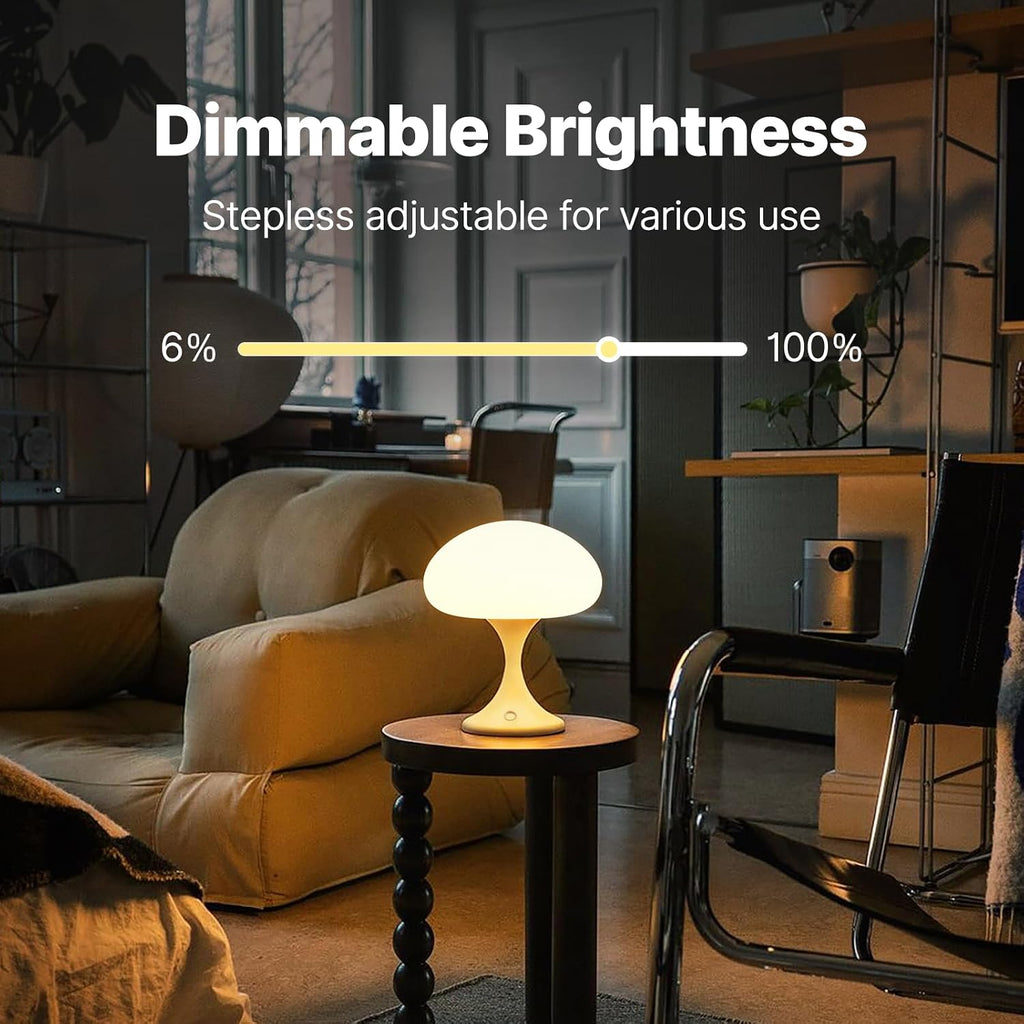 MAGCHARM Mushroom Lamp, 5W LED Cordless Rechargeable Table Lamp with Glass Shade, Small Retro Dimmable Touch Light with 3 Color Temps, Aesthetic Mid Century Bedside Light for Bedroom Ambient, White