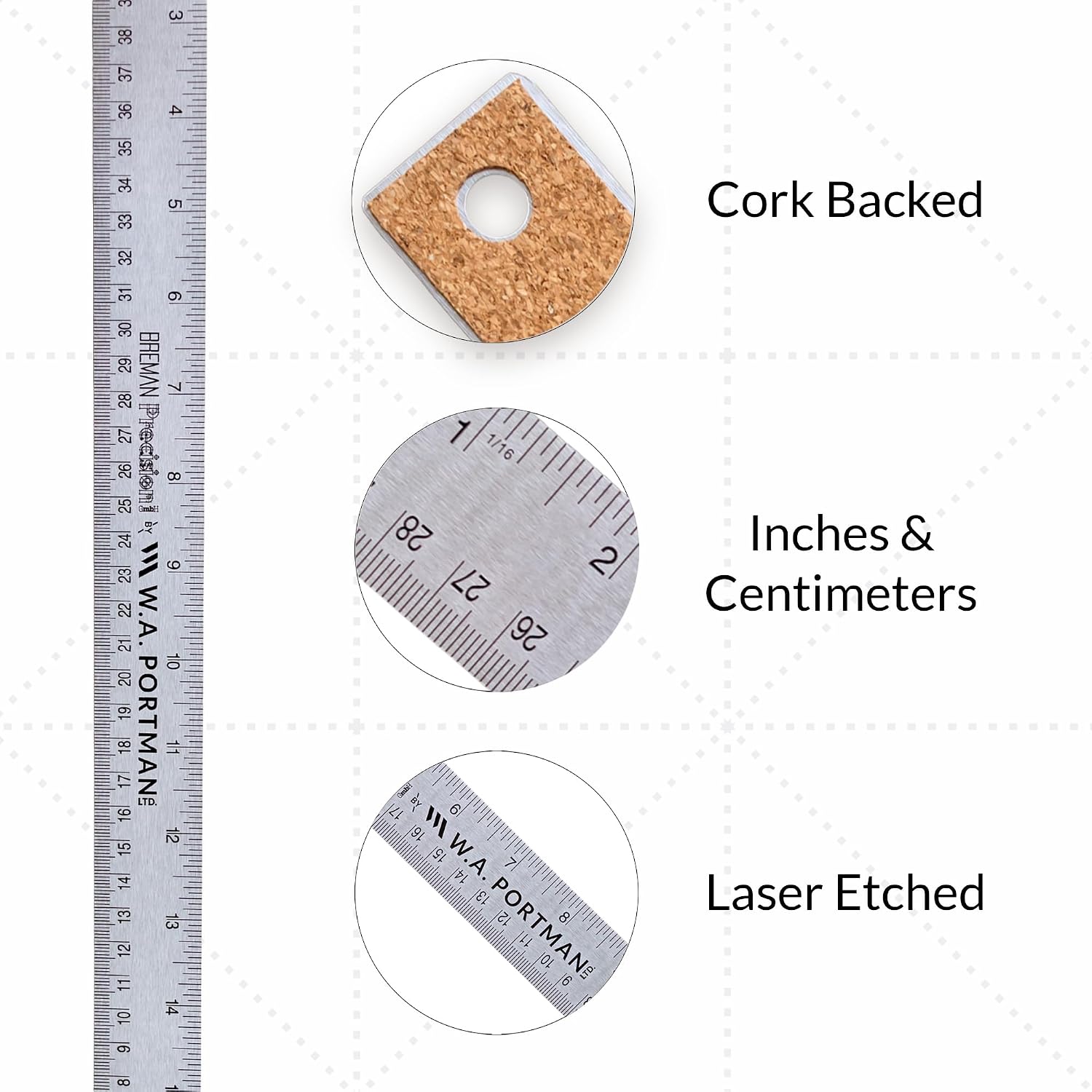 WA Portman Metal Ruler 18'', 2pc Corkback Stainless Steel Ruler Metric Edge
