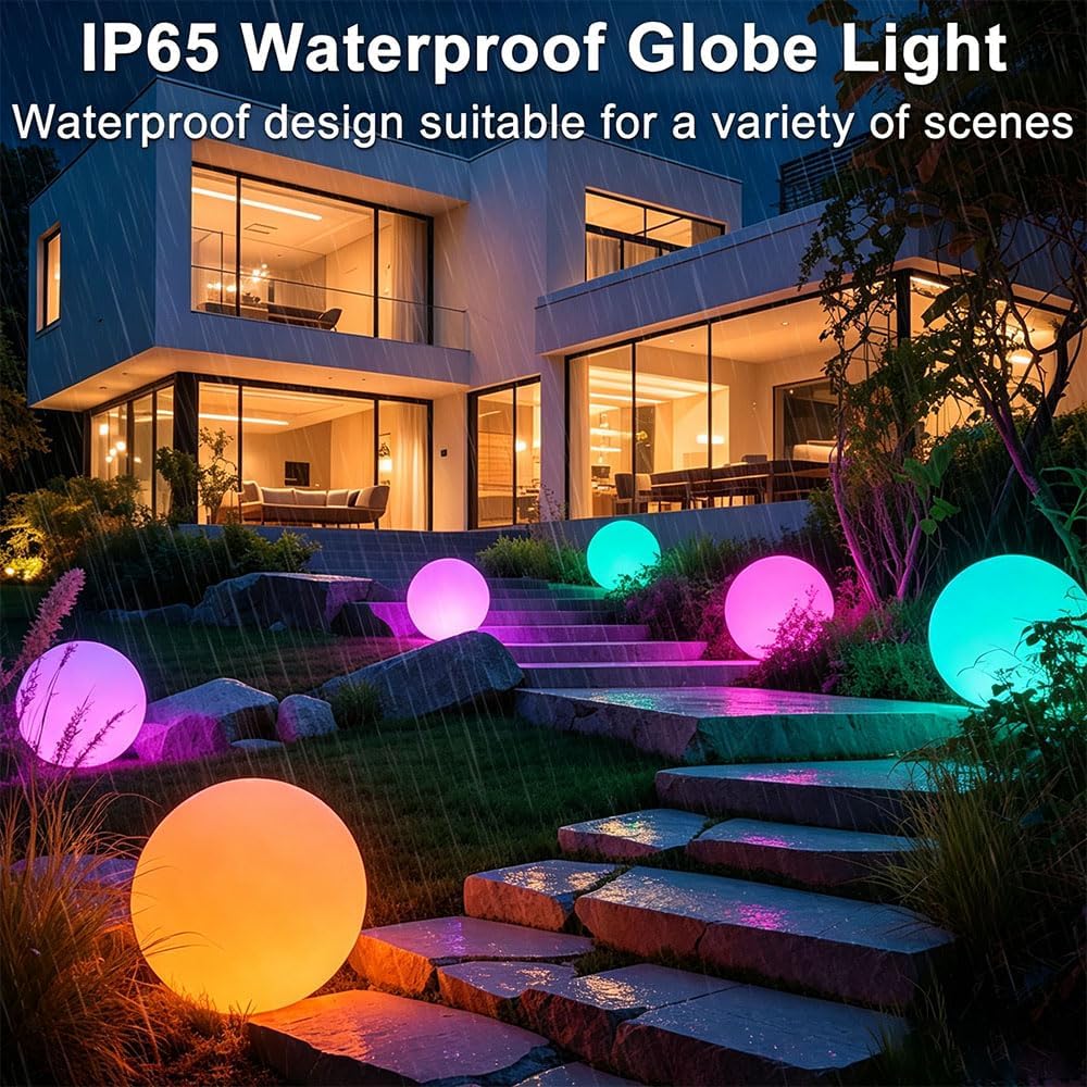 14-in LED Ball Light, Rechargeable Outdoor Globes Light Dimmable RGB Color Changing Globe Floor Lamp w/Remote, Modern Versatile LED Globe Orb Lights Waterproof Glowing Orb Lamp for Home Yard Lawn Path