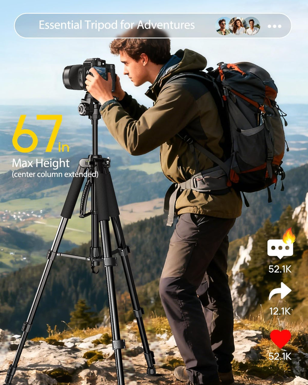UBeesize 67” Camera Tripod with Travel Bag, Cell Phone Tripod with Bluetooth Remote and Phone Holder, Compatible with All Cameras, Cell Phones, Projector, Webcam, Spotting Scopes