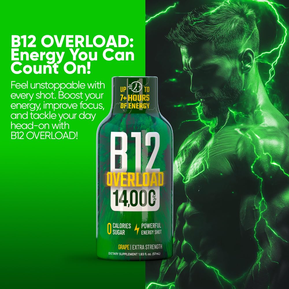 B12 Overload Extra Strength Energy Shot – Grape – 260mg Caffeine, 14000% B12, Electrolytes – Energy & Vitality Support – Zero Sugar No Calories – Vegan, Kosher, Gluten-Free – 1.93 fl oz, 48-Pack