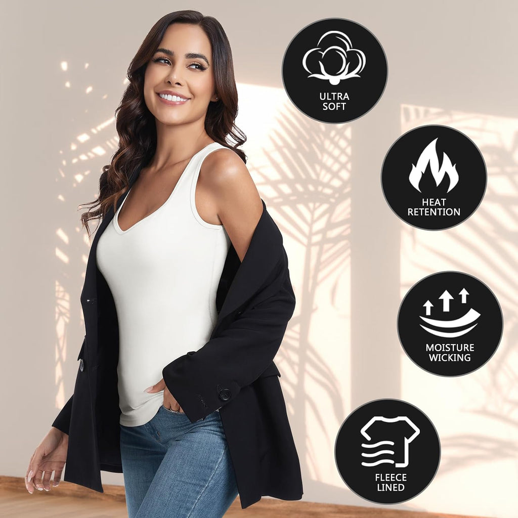 WOWENY Thermal Fleece Tank Top for Women V Neck Sleeveless Shirts Camisole Warm Base Layer Cami Vest Underwear Tops