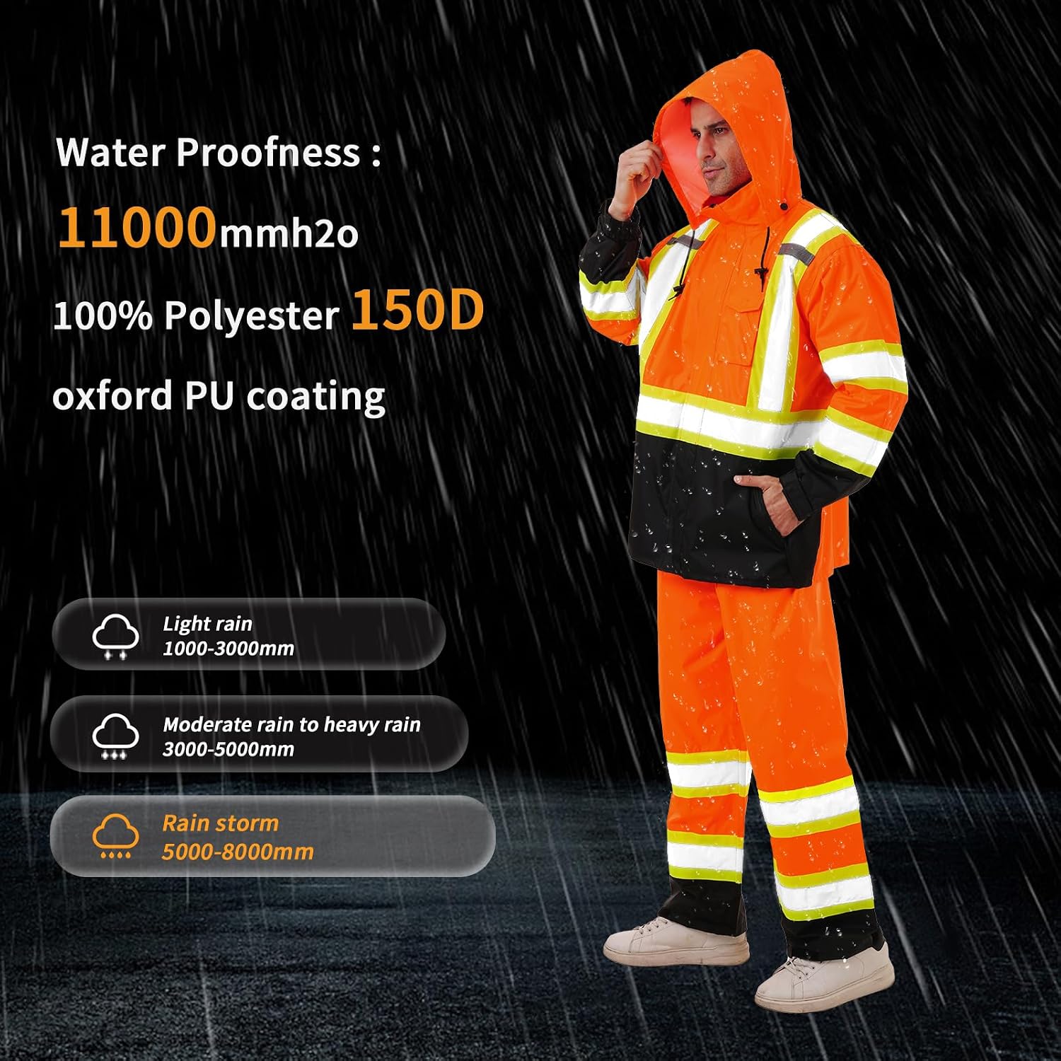 Hi Vis Safety rain Jacket，Reflective Class 3 Rain coat with Inner Mesh Lining and Pockets High Visibility Waterproof work Rain Suits for men&women（Orange,LG/XL）