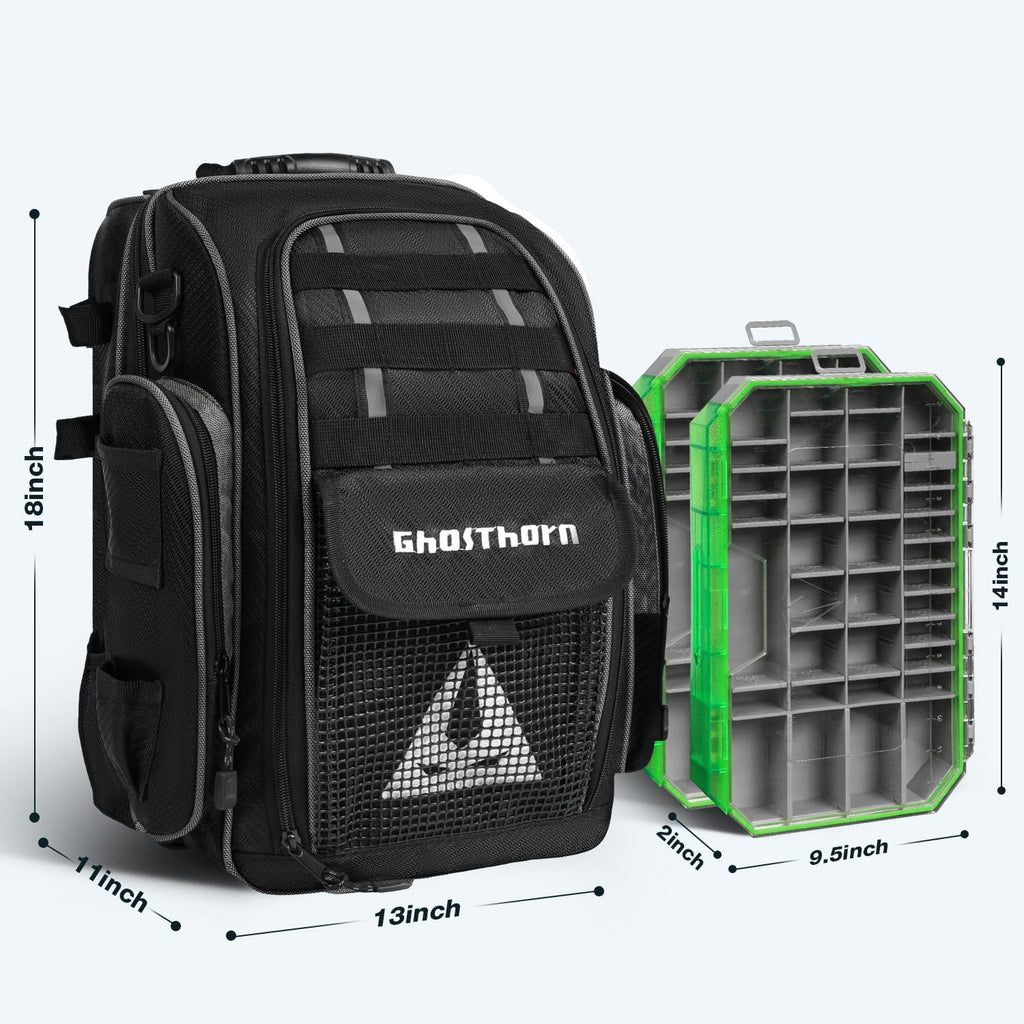 Ghosthorn 43L Fishing Tackle Backpack with 4 Tackle Boxes & Rod Holder