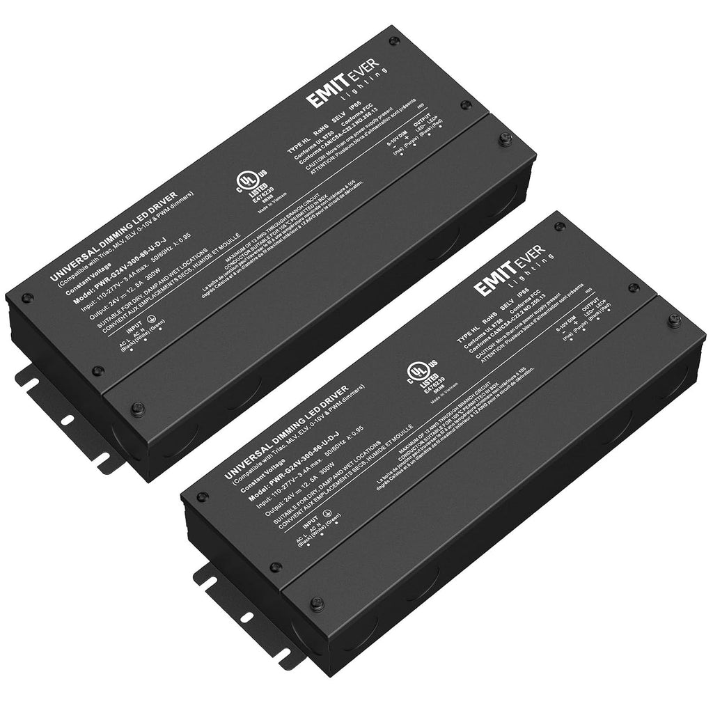 EMITEVER 2-Pack 300W 24V 5-in-1 Dimmable LED Driver, AC 110-277V to DC