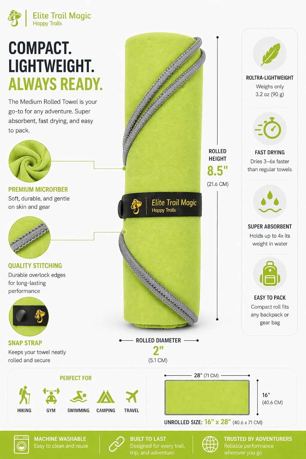 Backpacking Ultralight Quick Dry Microfiber Soft Fast Drying Hand and Face Towel Wash Cloth Camping Yoga Hiking Active Lifestyle (Lime, Medium 16x28)