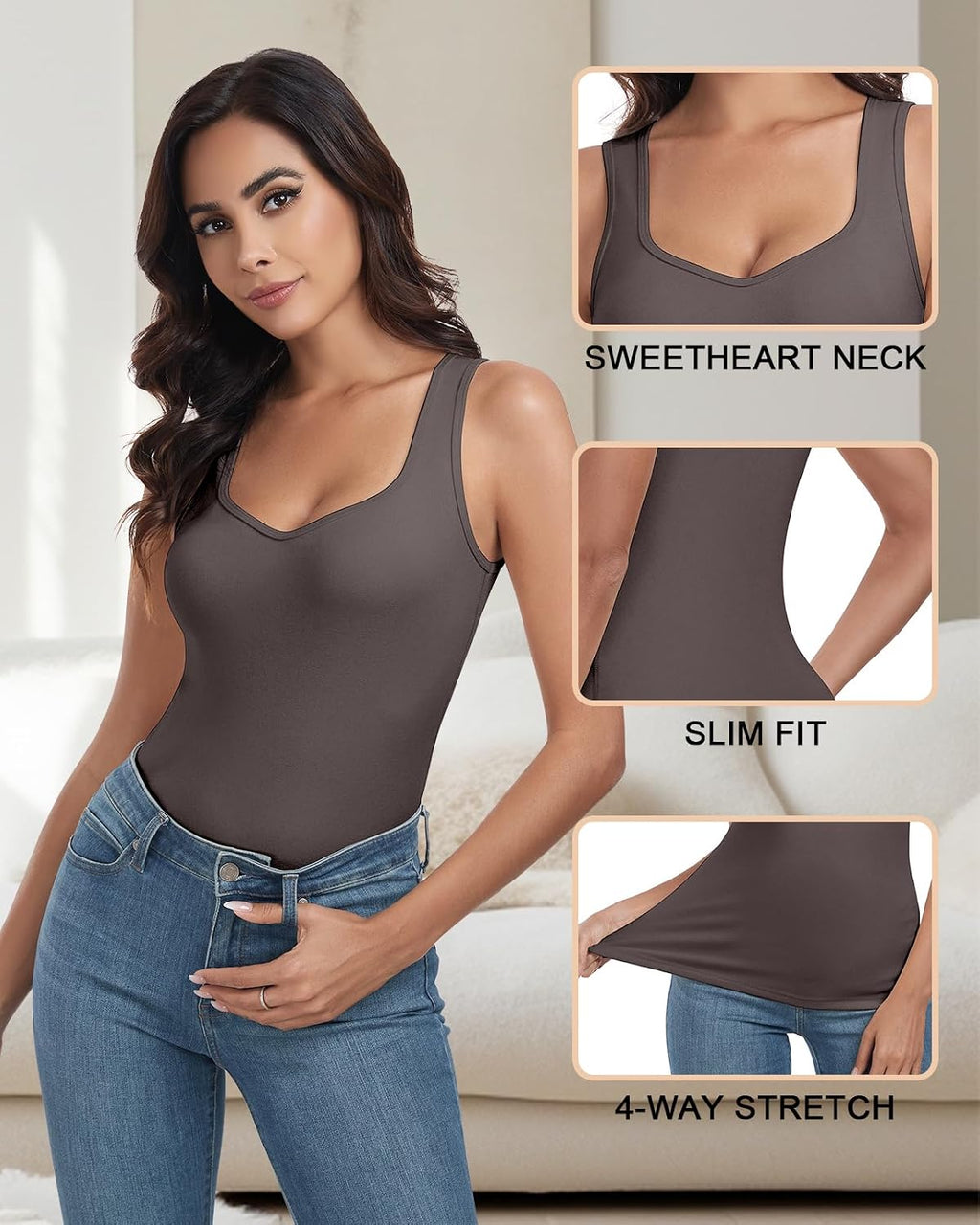 WOWENY Thermal Fleece Tank Top for Women V Neck Sleeveless Shirts Camisole Warm Base Layer Cami Vest Underwear Tops