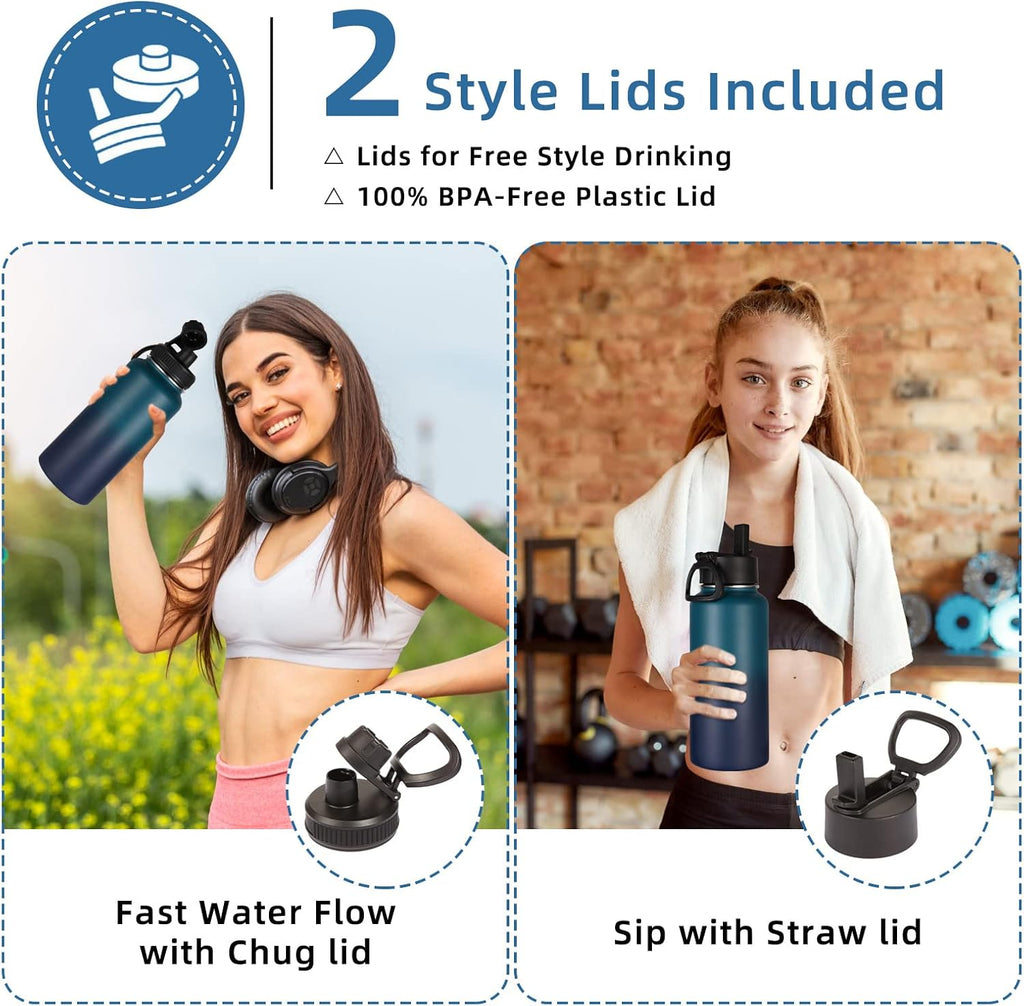 Volhoply 32 oz Insulated Water Bottle with Straw Lid and Spout Lid,Stainless Steel Sports Water Bottle,Double Wall Vacuum Cups,Leakproof Metal Flask with Wide Mouth for Hiking,Camping(Dark Night,1)
