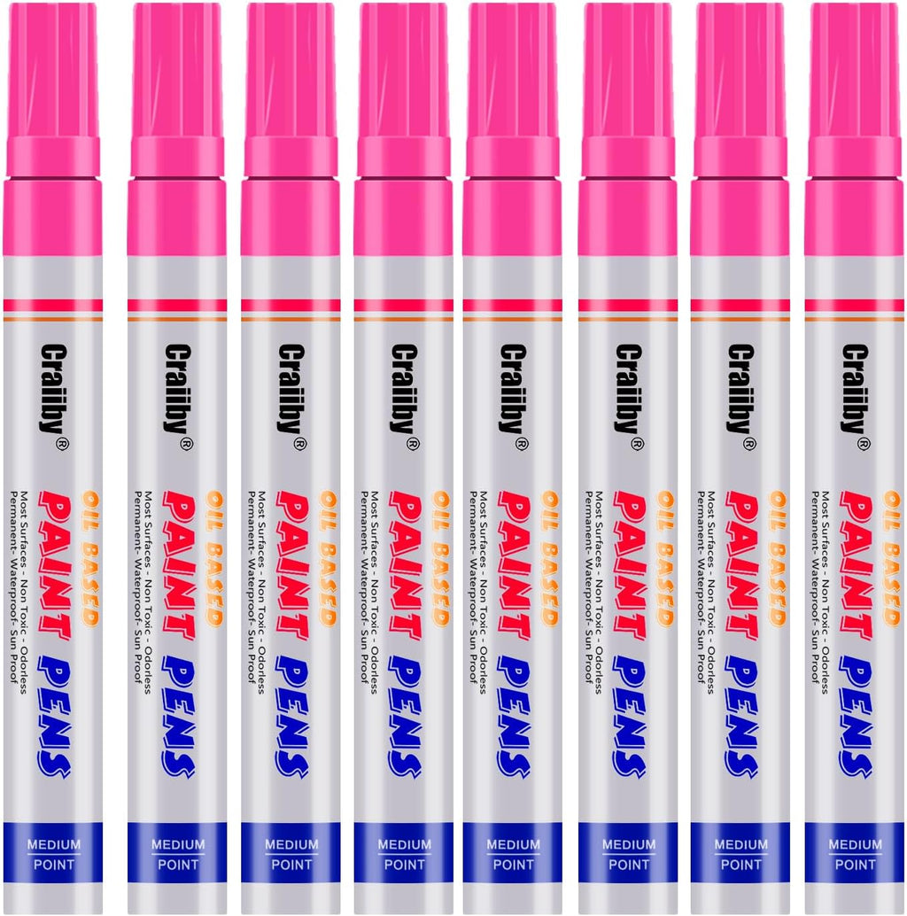 Pink Paint Markers, 8 Pack Oil-Based Waterproof Quick Dry Permanent Paint Pen Set for Rocks Painting, Wood, Fabric, Plastic, Canvas, Glass, Mugs, Metal, Tire, Stone, DIY Craft