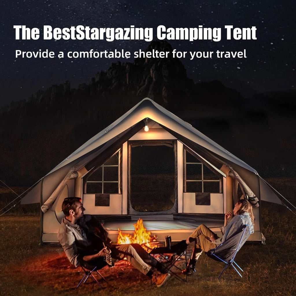 Inflatable Camping Tent with Electric Air Pump - 420D Heavy Duty Oxford - 5 Min Auto-Inflation - Panoramic Stargazing Skylight - 4 Season Luxury Glamping Cabin, 4-10 Person Multiple Sizes