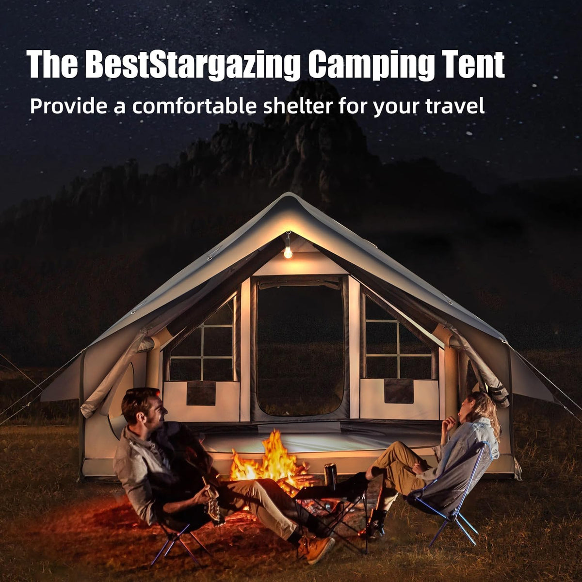 Inflatable Camping Tent with Electric Air Pump - 420D Heavy Duty Oxford - 5 Min Auto-Inflation - Panoramic Stargazing Skylight - 4 Season Luxury Glamping Cabin, 4-10 Person Multiple Sizes