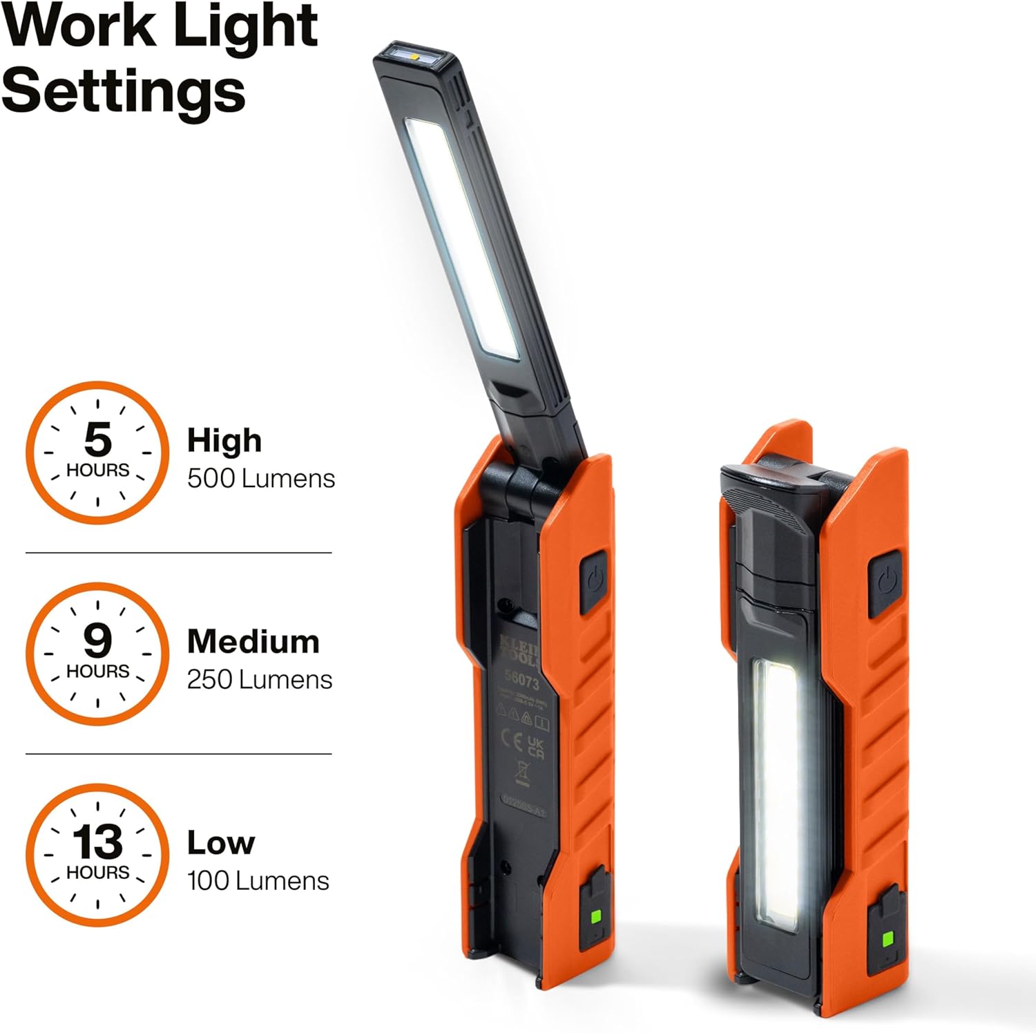 Klein Tools 56073 Foldable Handheld Work Light, 500-Lumen LED with 180-Degree Pivot and 270-Degree Rotation, USB-C Rechargeable Flashlight with Built-In Spotlight, Magnetic Base, IP54-Rated