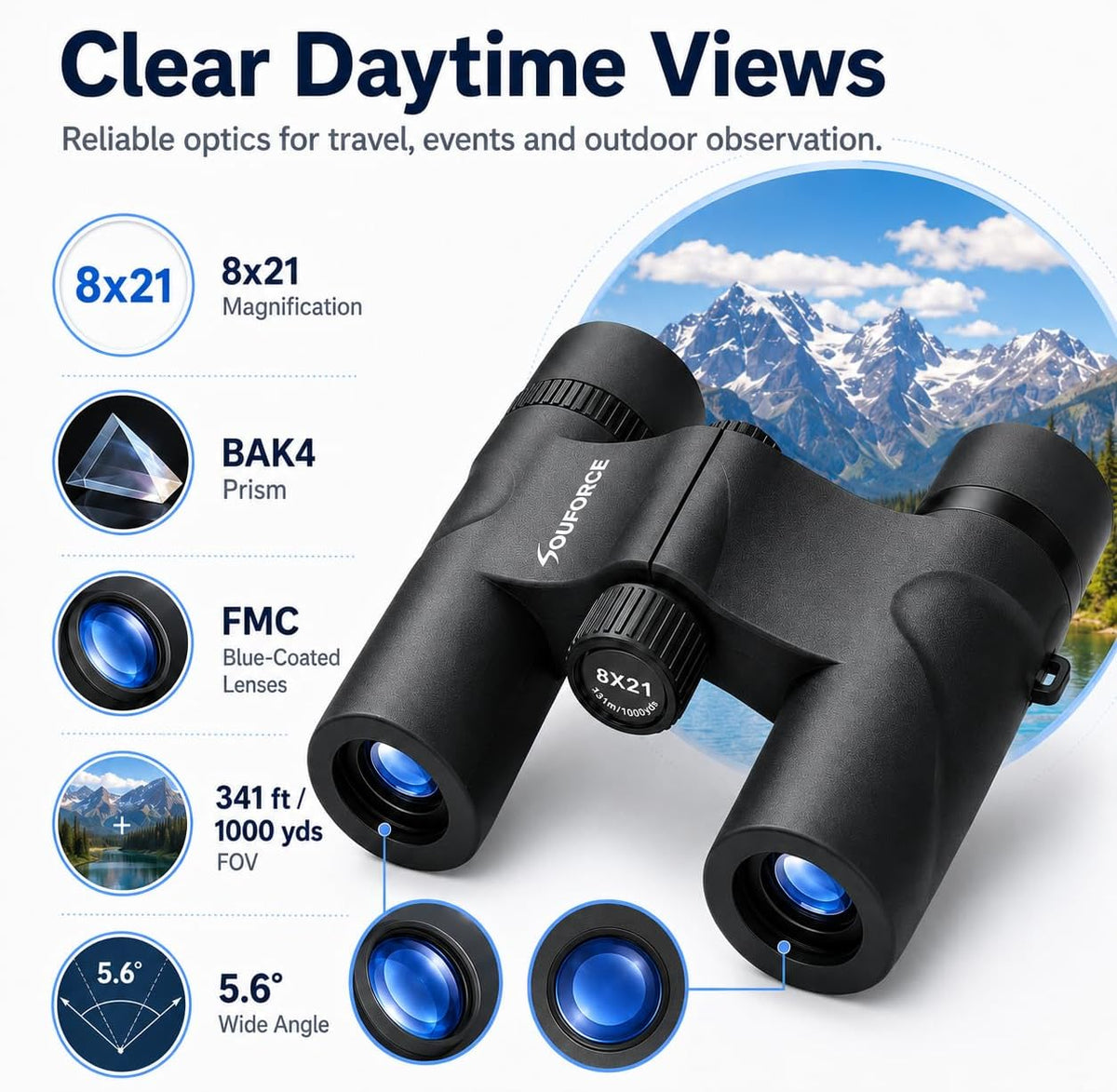 8x21 Compact Binoculars for Adults BAK4 Prism High Powered
