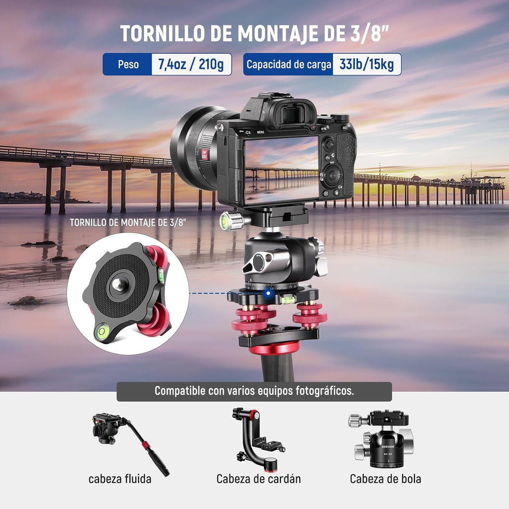 NEEWER Tripod Head Leveling Base Camera Leveler 3 Axis Tri Wheel Head, LP64