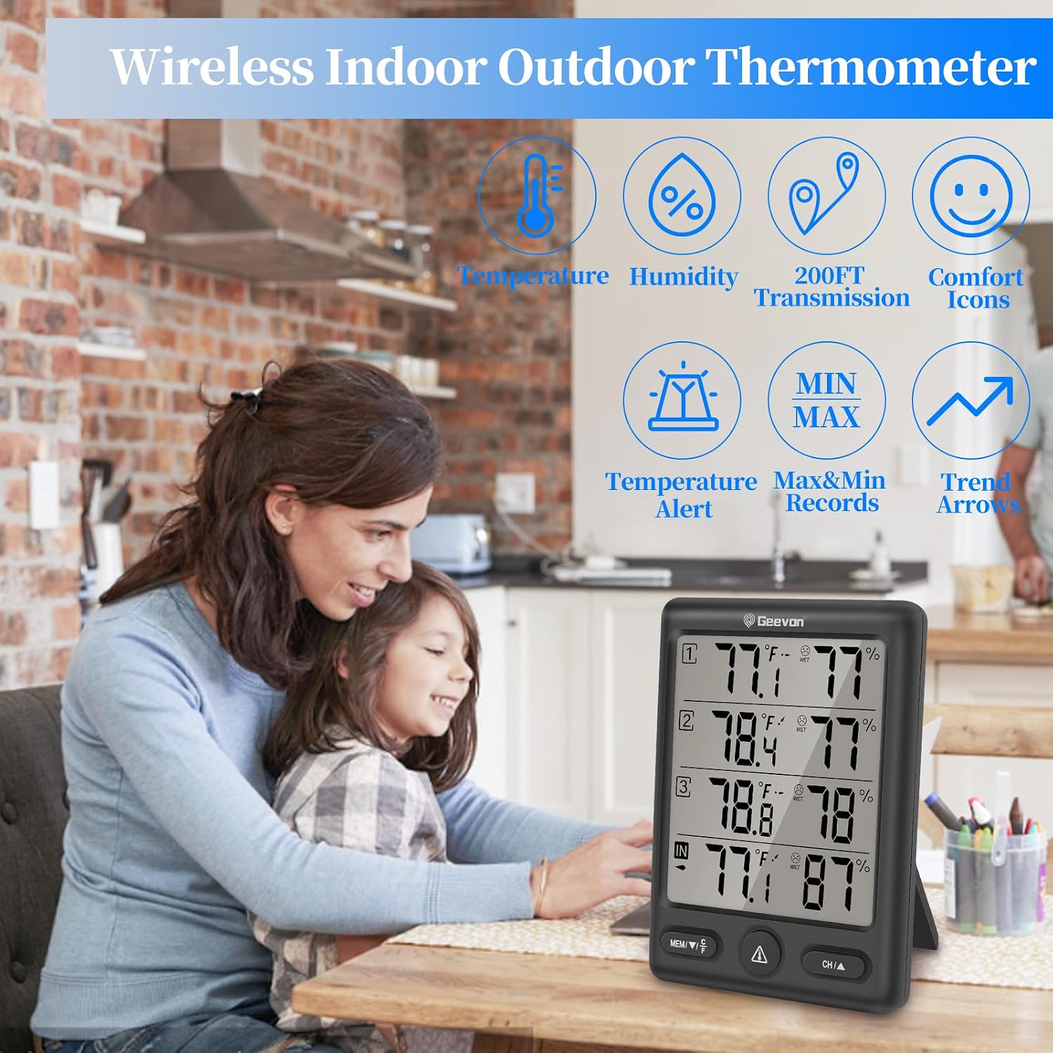 Geevon Indoor Outdoor Thermometer Wireless with 3 Remote Sensors, Digital Hygrometer Thermometer, Wireless Temperature Humidity Monitor Gauge with 200FT/60M Range