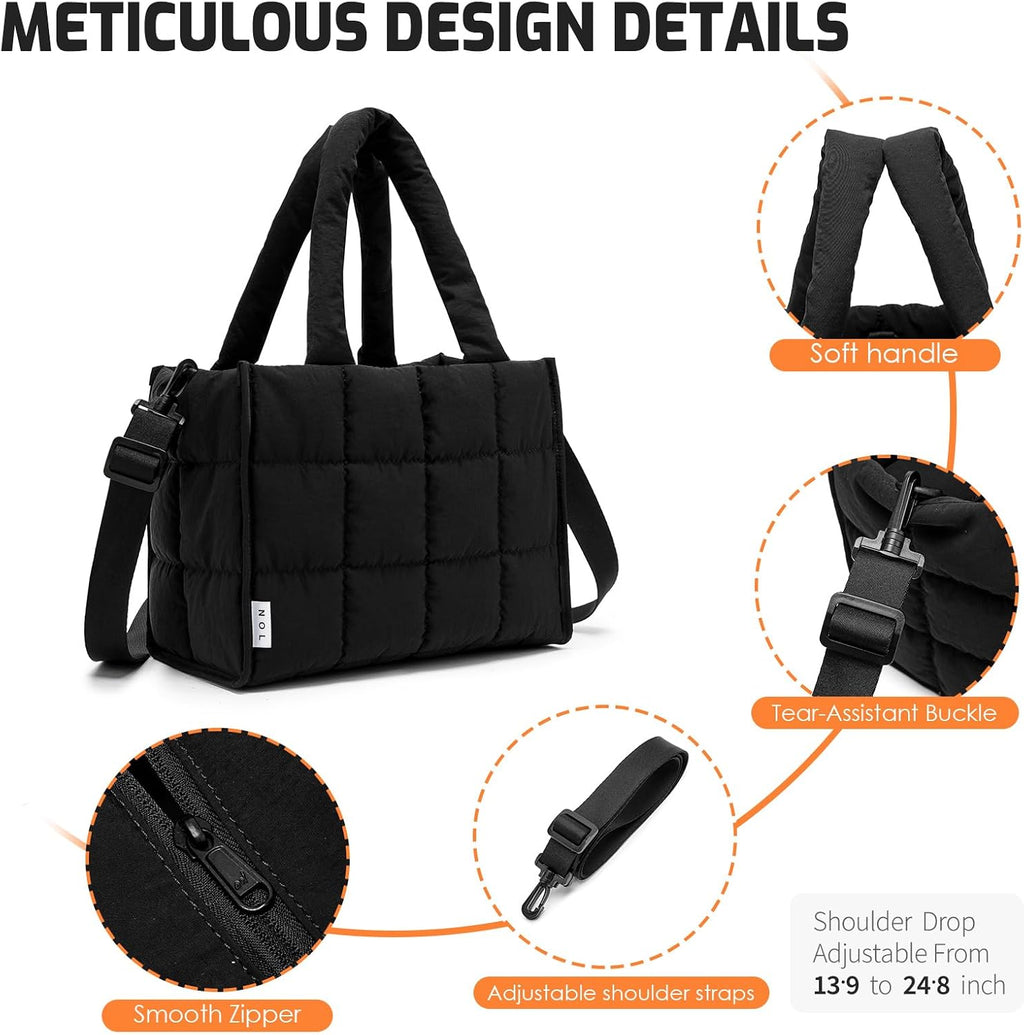NOL Women's Nylon Lunch Cooler Quilted Tote Bag Puffy Insulated Lunch Bag for Women, Lightweight Waterproof Lunch Box for Work, Picnic, Outdoors,Black