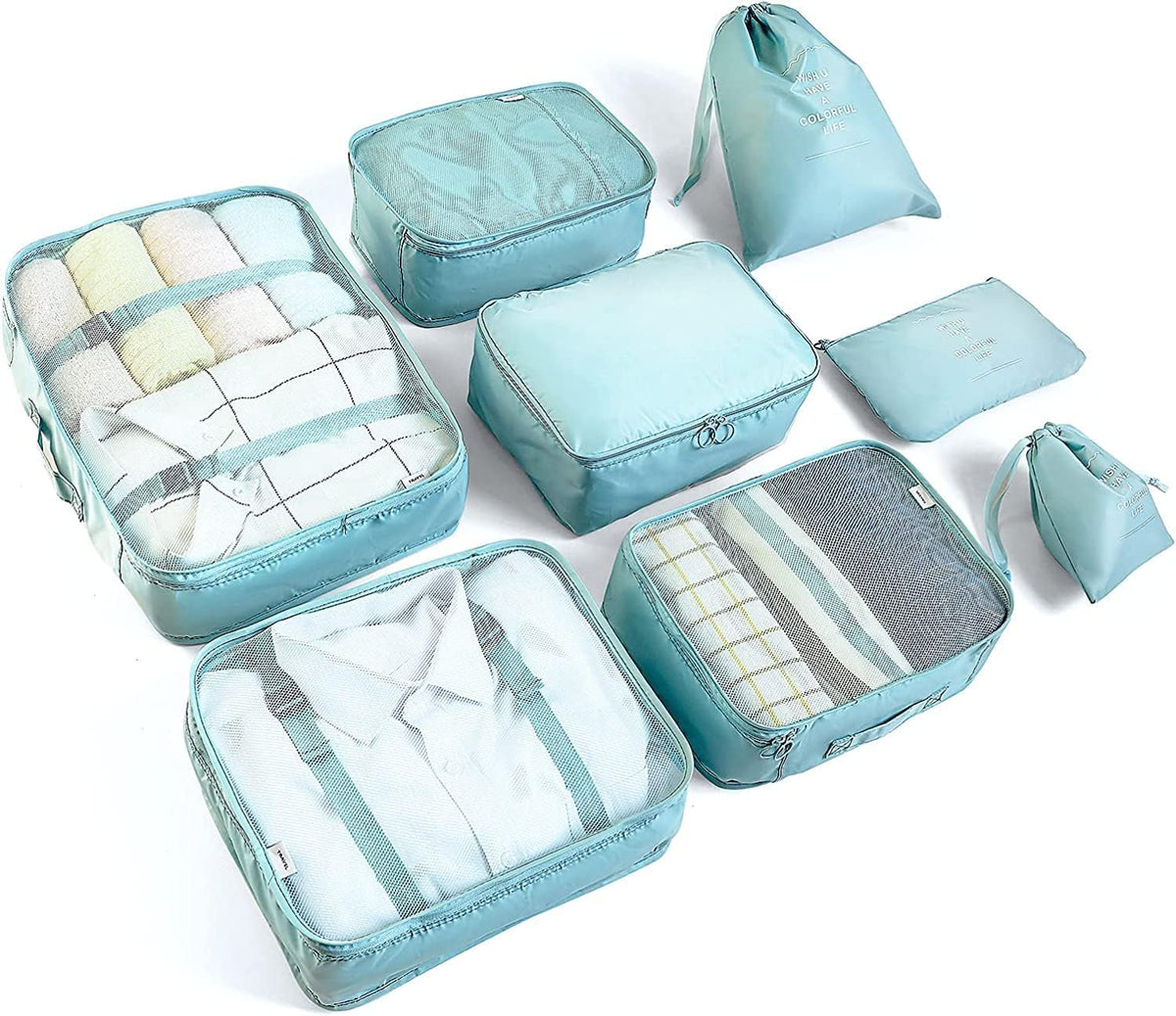 LANSKLBD 6/8 Set Packing Cubes for Suitcases Travel Luggage Packing Organizers,Travel Accessories Essentials Luggage Organizer with Shoe/Tioletry/Laundry Bag (Light Blue, 8 set)