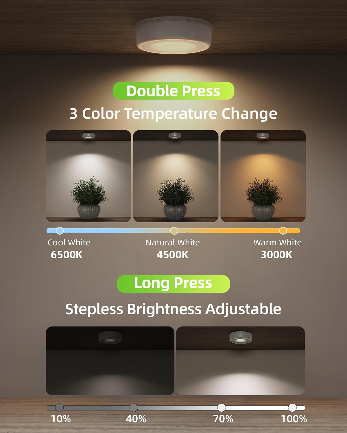 EZVALO LED Puck Lights, Rechargeable Stick On Tap Lamp, Touch Light, 2.95'' Mini Tap Light, 3 Color Temps,Under Cabinet Lights Wireless, Ideal for Kitchen,Closet,Pantry,Camper(4 Pack)