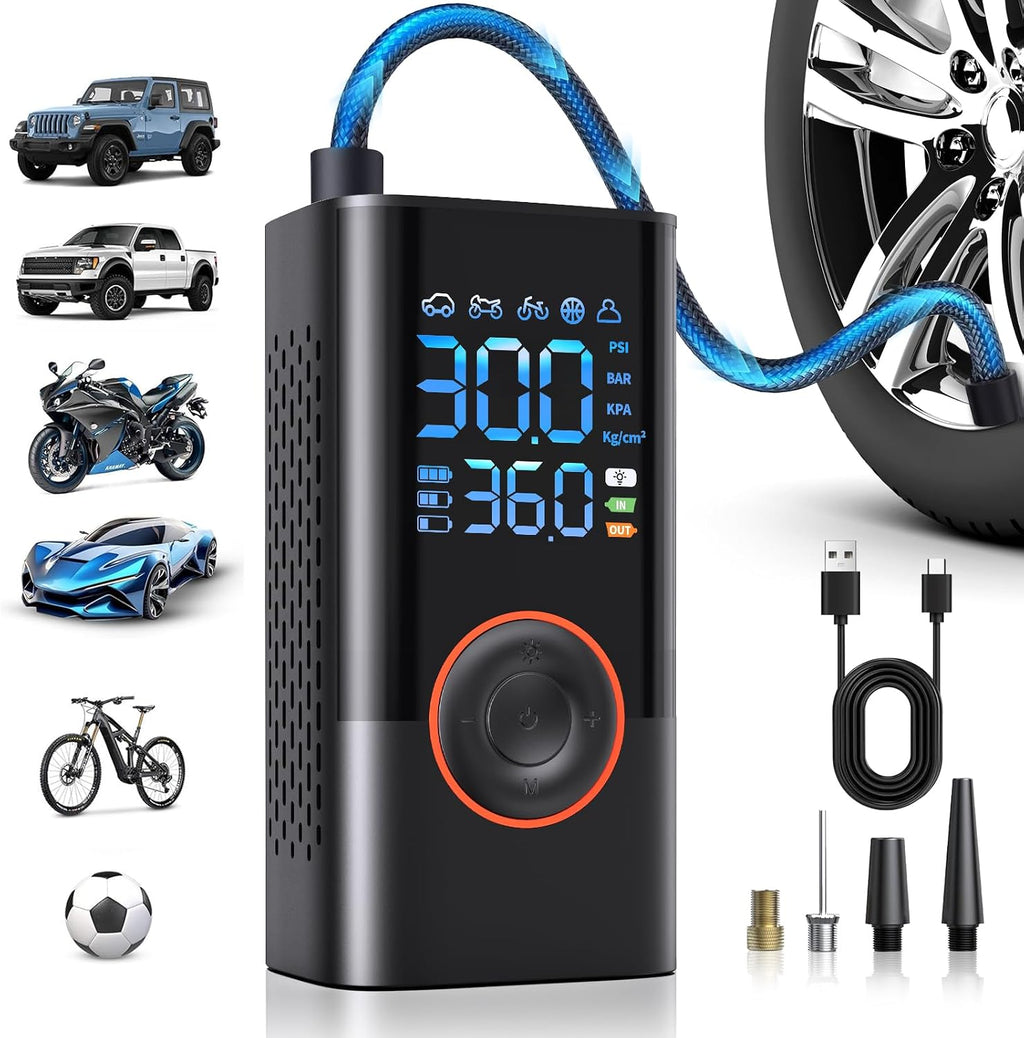 Tire Inflator Portable Air Compressor Portable Cordless Mini Air Pump with Digital Pressure Gauge Inflater 150PSI 3X Fast Inflation Auto Shutoff Large Battery Tires Pump for Cars Motors Bikes Balls