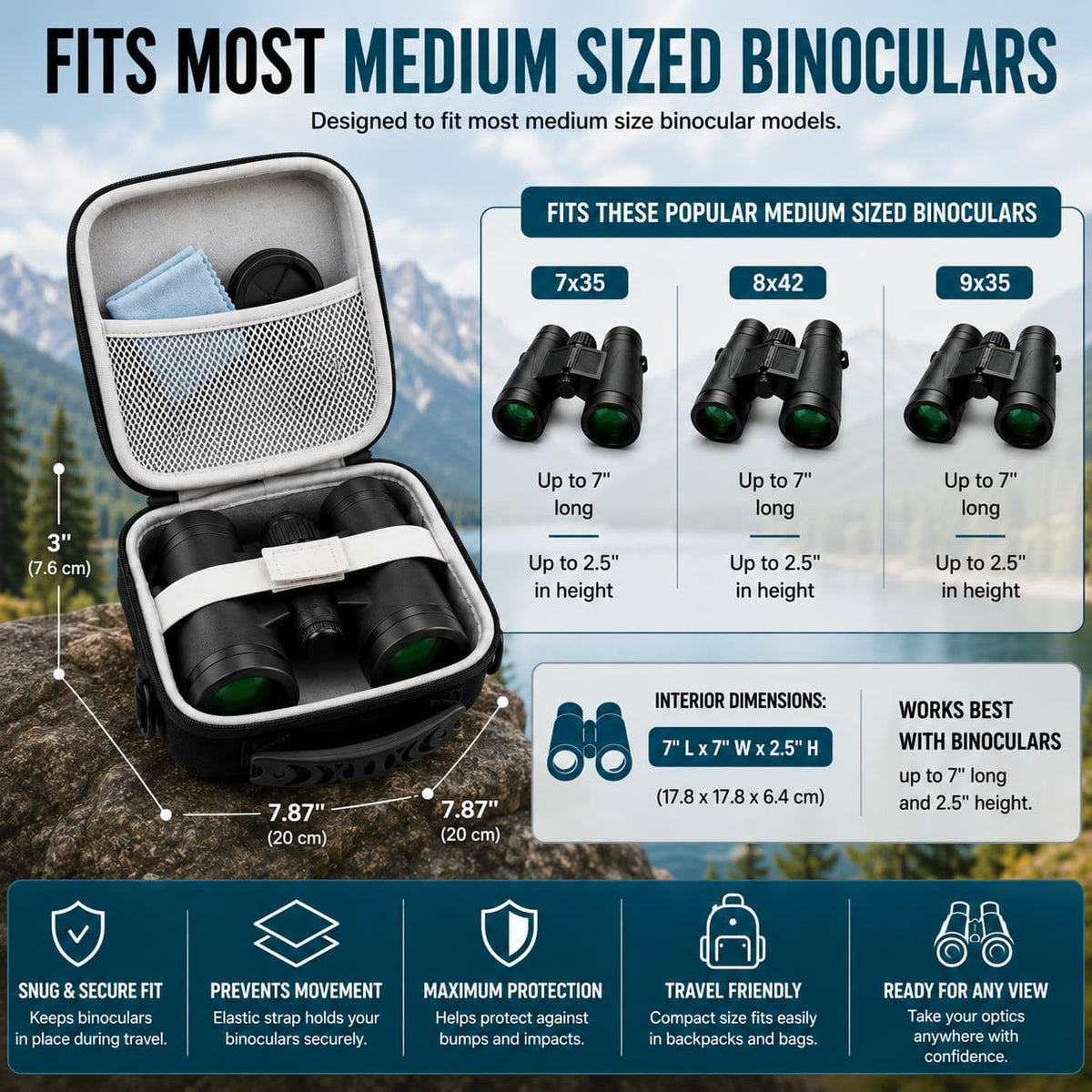 Binocular Case, Hard EVA Protective Storage Case with Water-Resistant Exterior, Carry Handle & Shoulder Strap, Fits Most Compact and Mid-Size Binoculars for Hiking, Hunting, Birdwatching & Travel
