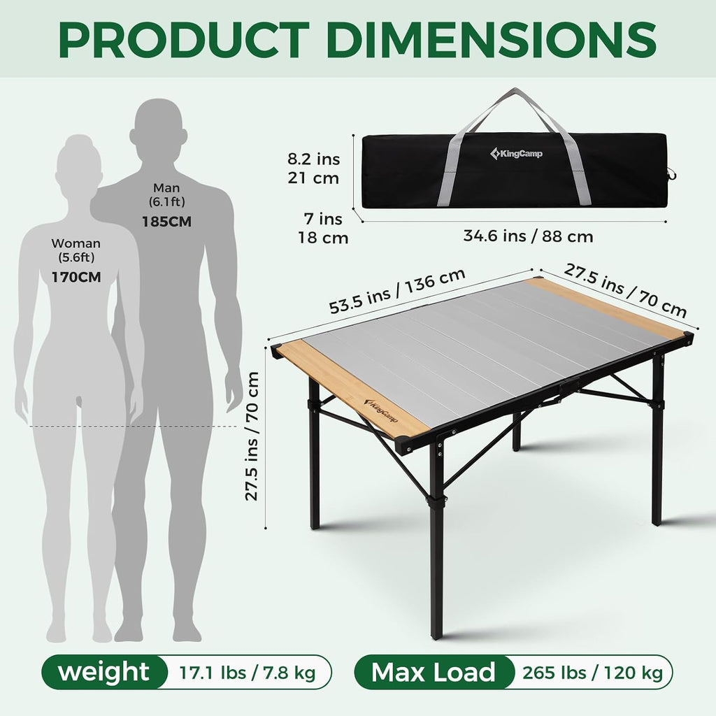 KingCamp 53.5" Bamboo Aluminum Camping Table, 265 LBS Roll-Up Table