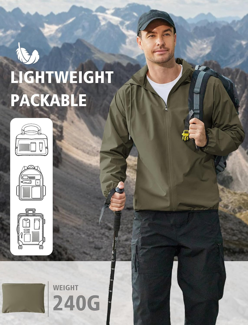 COOFANDY Men's Light Rain Jacket Packable Waterproof Raincoat Windbreaker