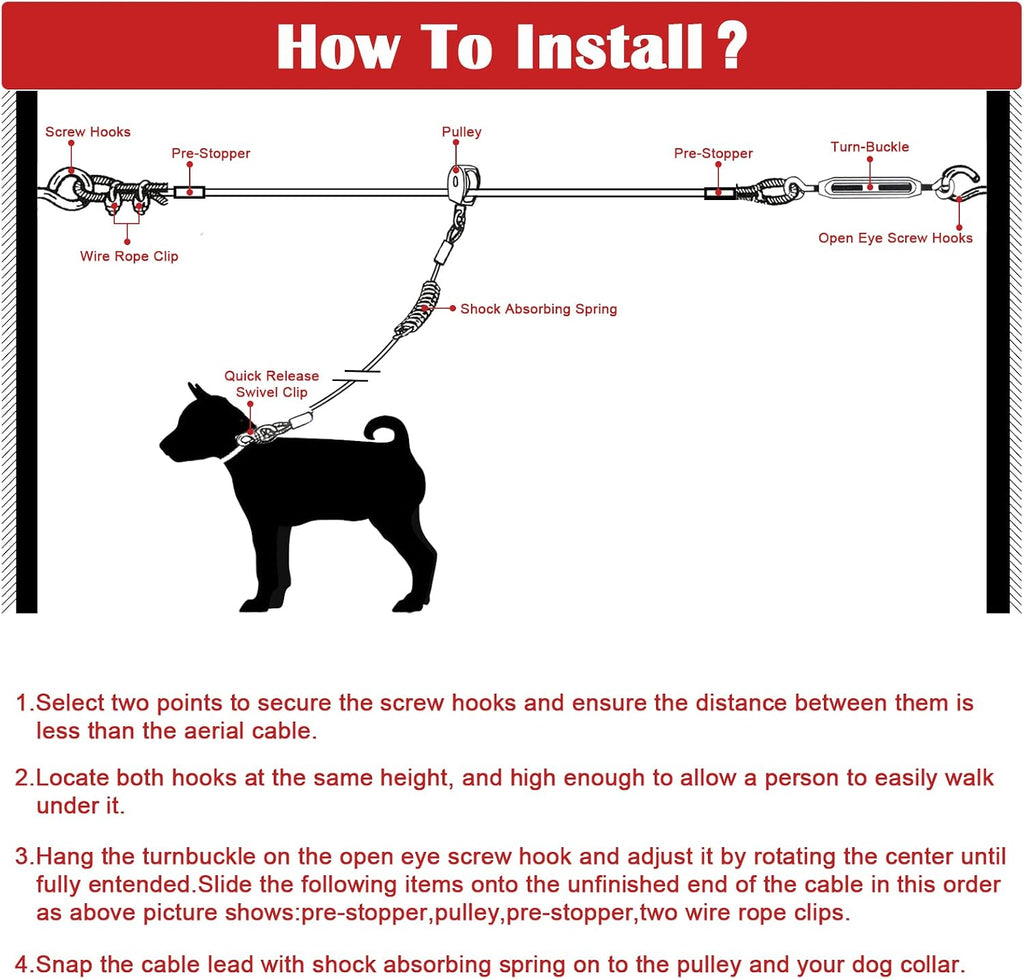 Dog Runner for Yard, Trolley System, 100FT+15FT, Red