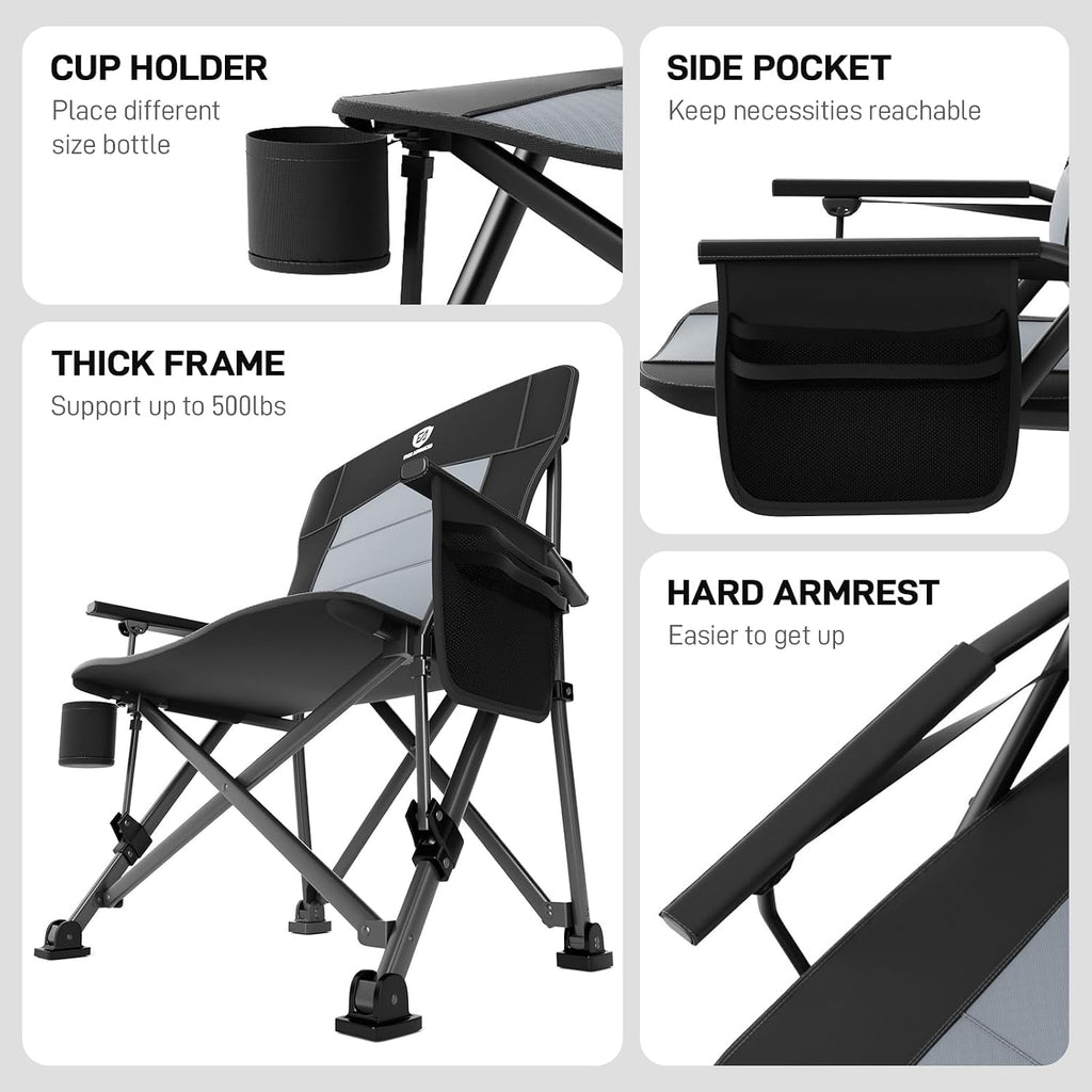 EVER ADVANCED Oversized Folding Camping Chair for Adults with Adjustable Lumbar Support, Heavy Duty Chair with Side Pockets, Portable Collapsible Quad Chair for Outside