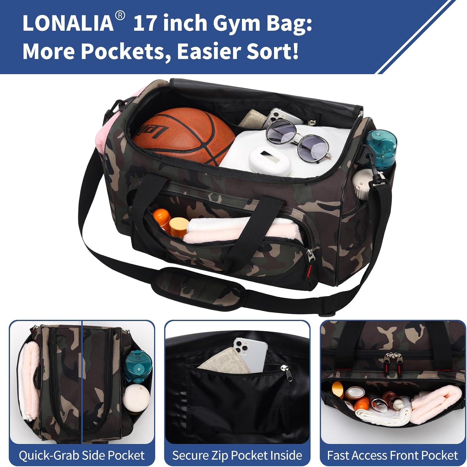 30L Gym Sport Duffle Bag, 17 inch, Camo