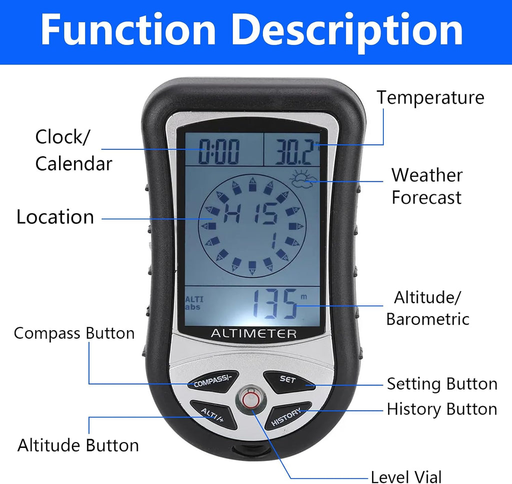 Digital Altimeter, Digital Compass, Hiking Thermometer, Timer & Backlight, 8 in 1 Hand-Hold Barometer for Mountaineering Outside 2300 to 29500FT 1100MBAR, 300mbar to 1100mbar