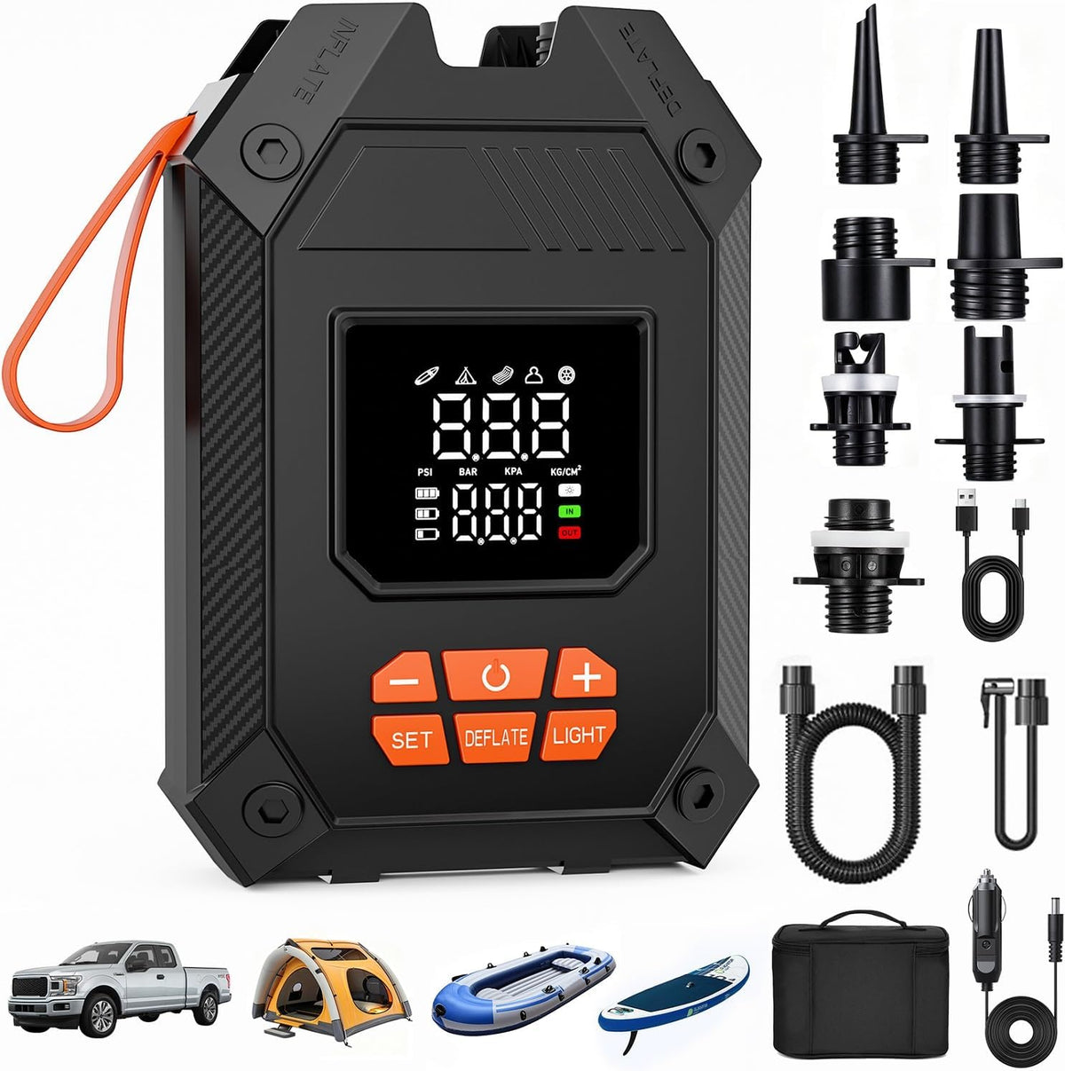 Paddle Board Electric Pump Portable 45 PSI, Dual Powered Rechargeable & 12V DC Air Sup Pump for Car Tires, Paddleboards, Kayak, Tents, Mattresses & Water Sports Inflation & Deflation, Auto-Off