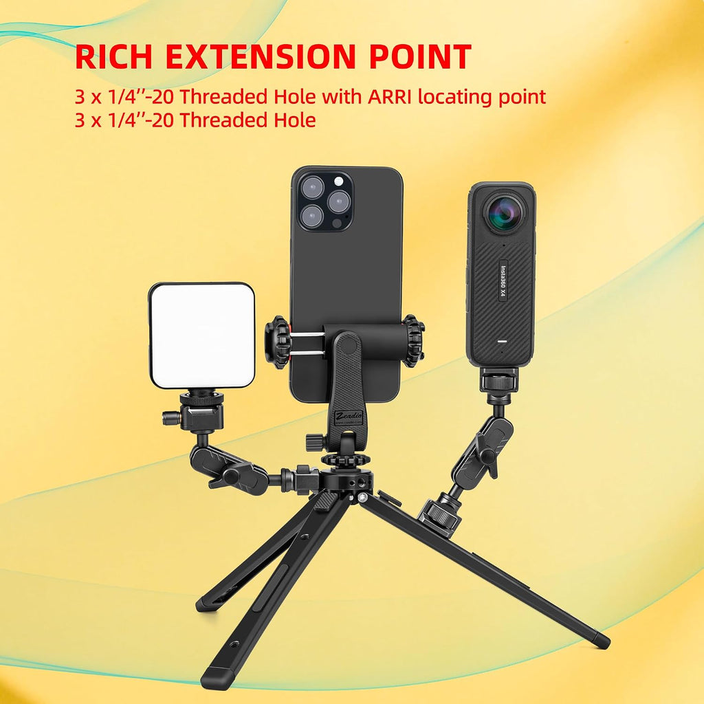 Zeadio Heavy Duty Metal Tripod Stand - Adjustable Universal Small Table Tripod for Camera, Gimbal, Action Cam, Camcorder, Microphone, LED Light, etc(40kg/88lb Load)