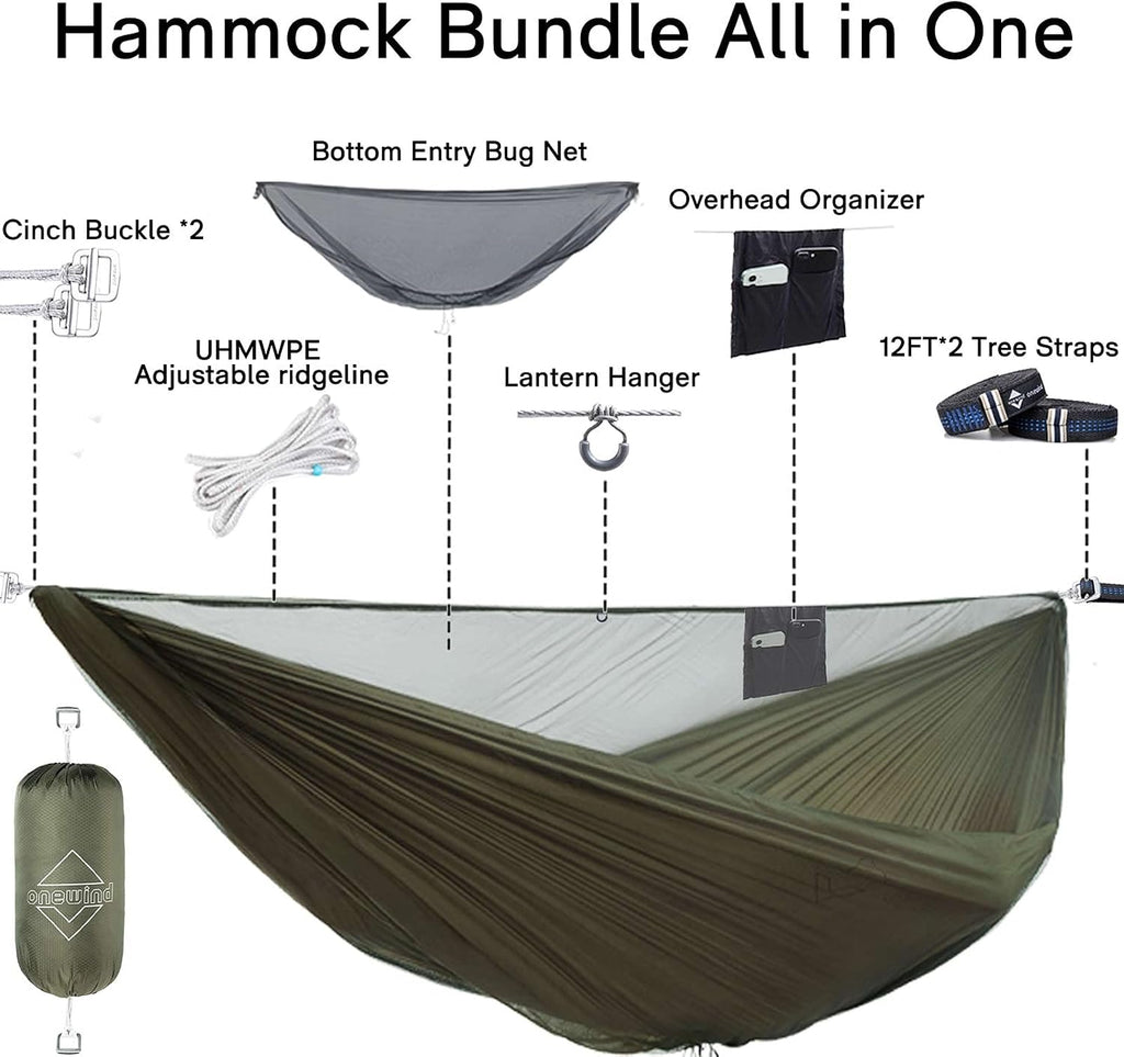onewind 11ft Camping Double Hammock with Mosquito Net and Ridgeline, Brown
