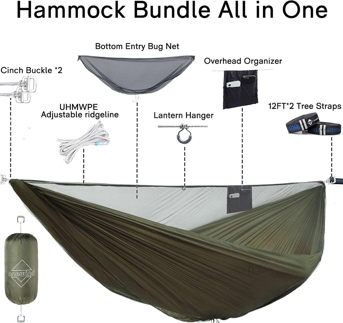onewind 11ft Camping Double Hammock with Mosquito Net and Ridgeline, Brown