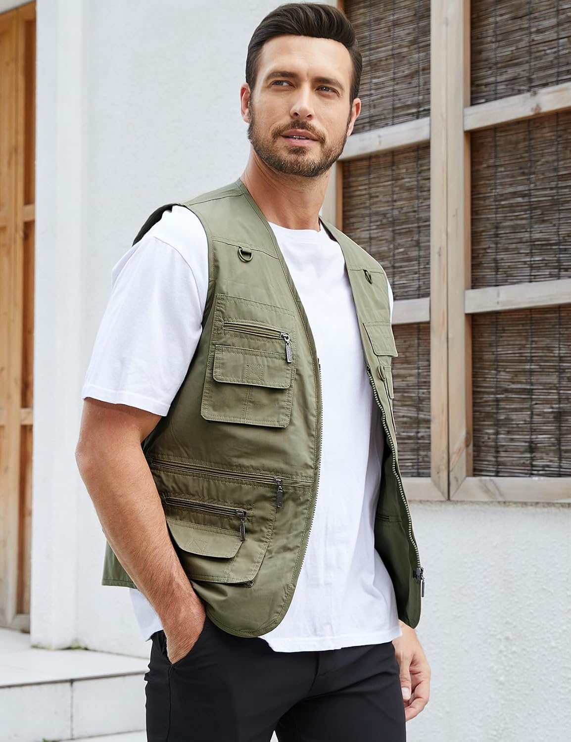 Gihuo Men's Fishing Vest Utility Safari Travel Vest with Pockets Outdoor Work Photo Cargo Fly Summer Vest